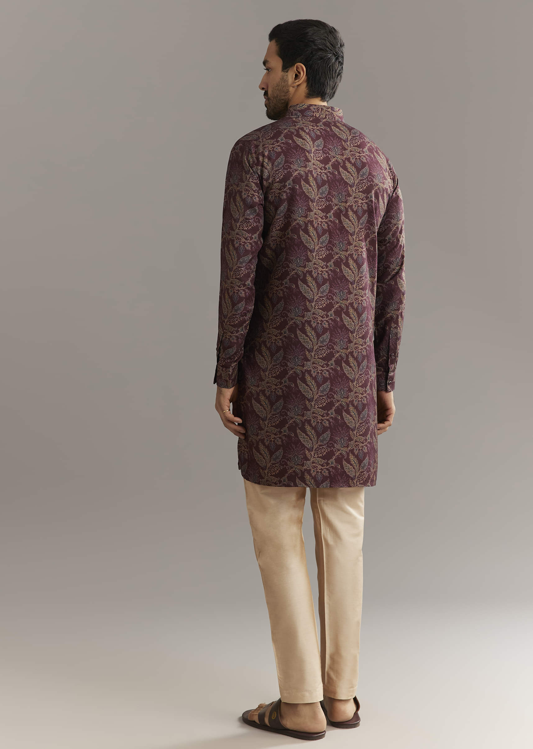 Wine Pashmina Silk Kurta Set With Vine Print Motifs - Image 5