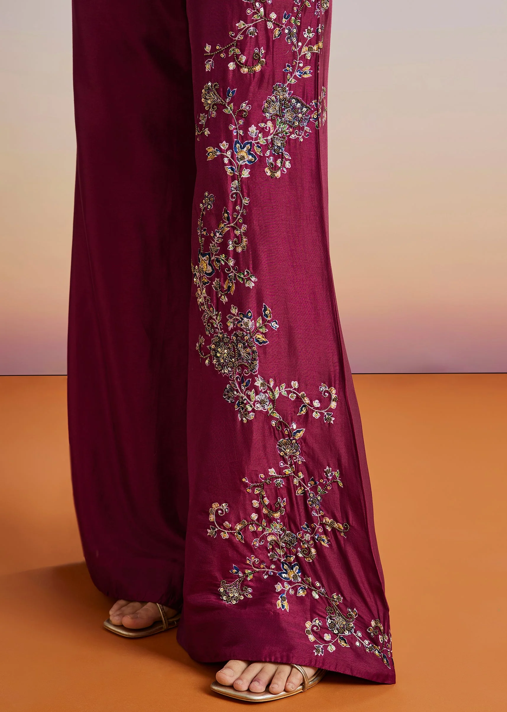 Wine Printed Silk Blend Crop Top With Palazzo And Asymmetrical Jacket - Image 4