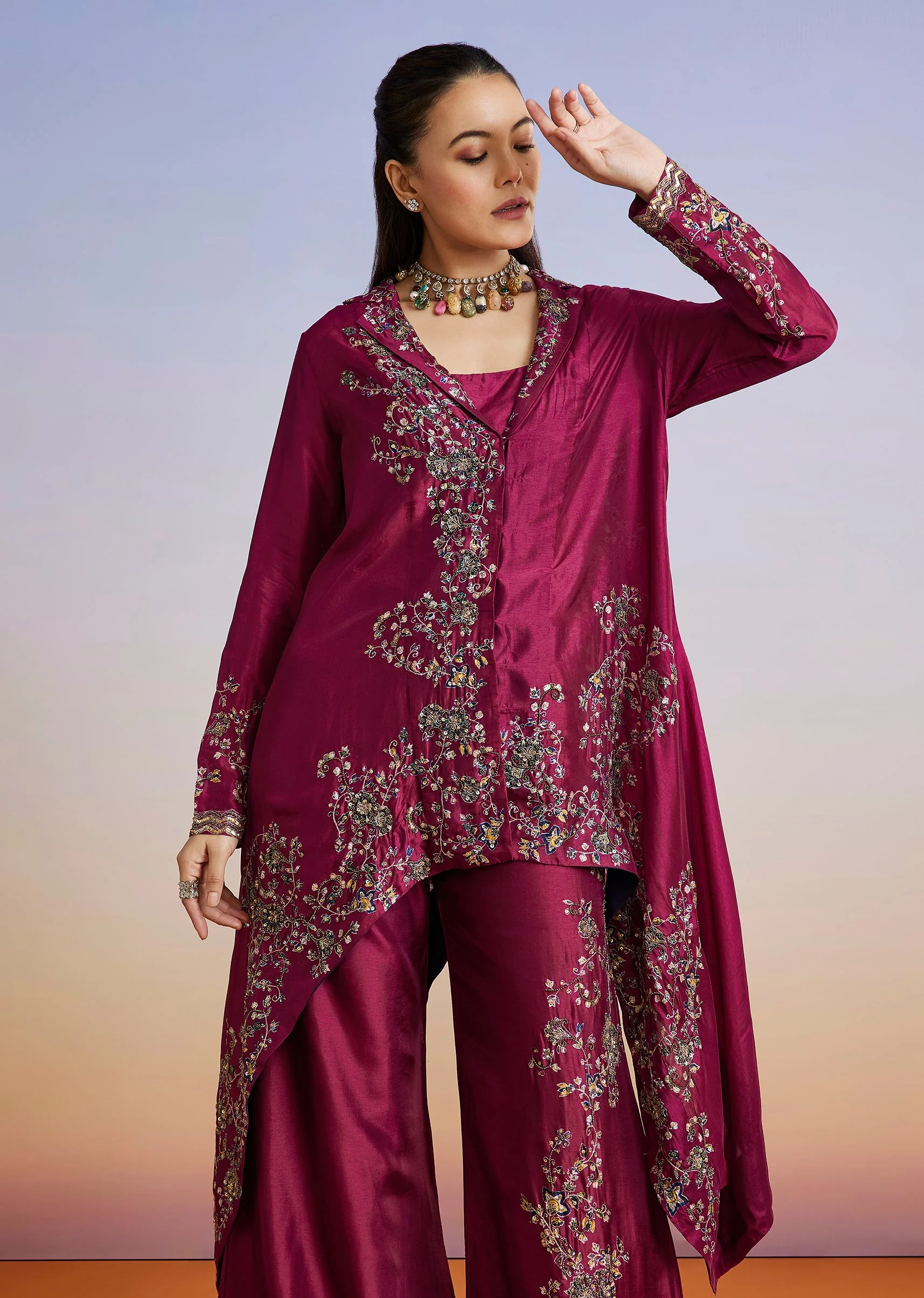 Wine Printed Silk Blend Crop Top With Palazzo And Asymmetrical Jacket - Image 5