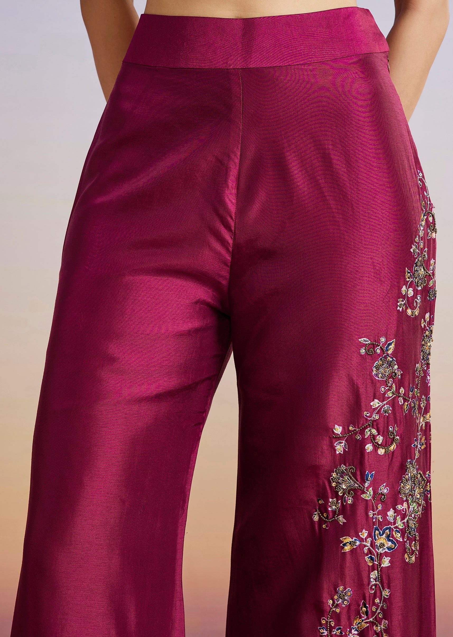 Wine Printed Silk Blend Crop Top With Palazzo And Asymmetrical Jacket - Image 7