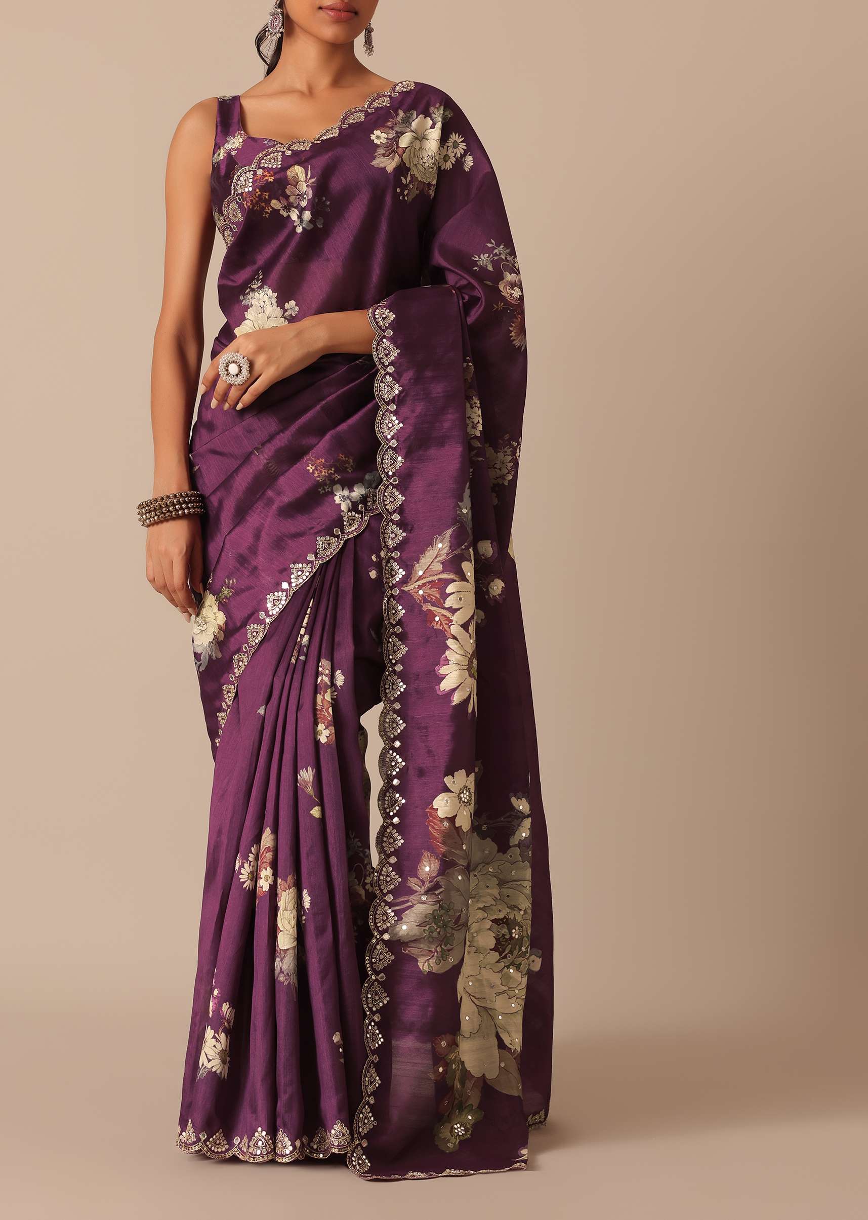 Wine Printed Tussar Silk Saree With Unstitched Blouse Piece - Image 3