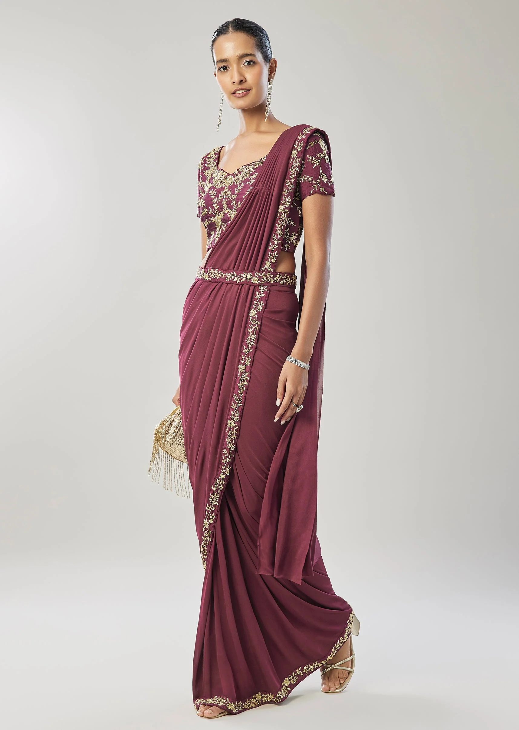 Wine Ready Pleated Saree With Belt - Image 3