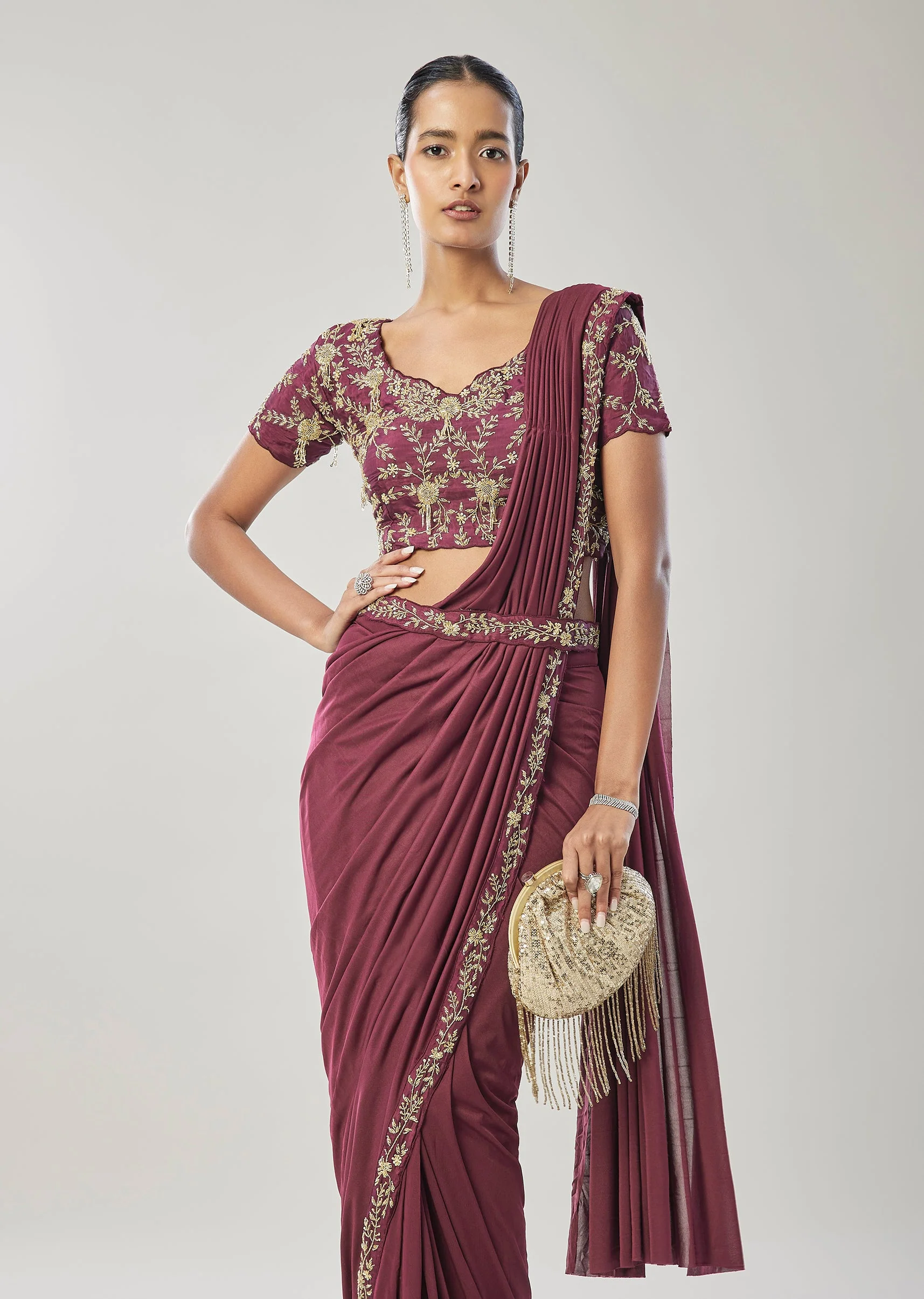 Wine Ready Pleated Saree With Belt - Image 4