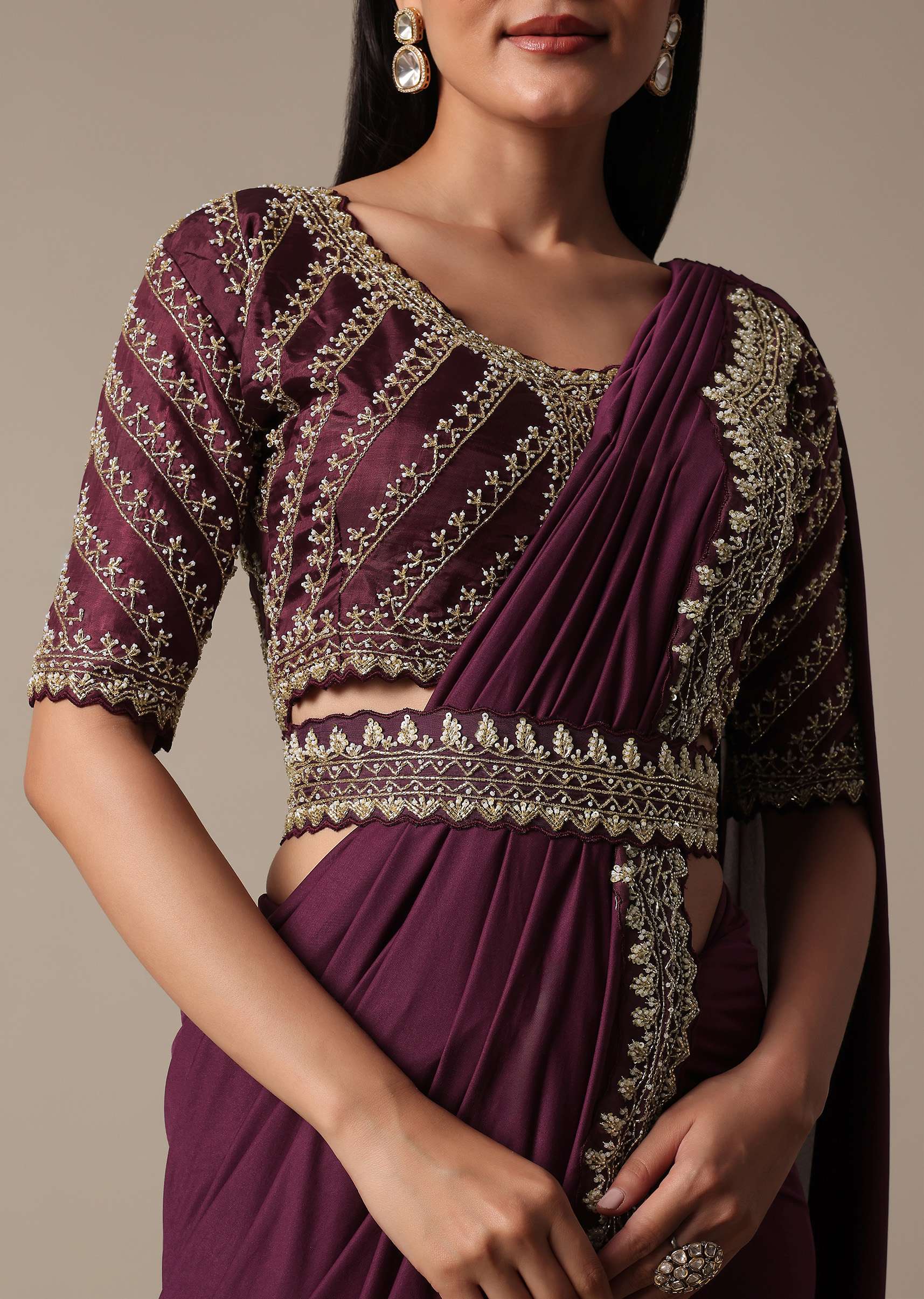 Wine Readymade Saree With Embellished Blouse - Image 2