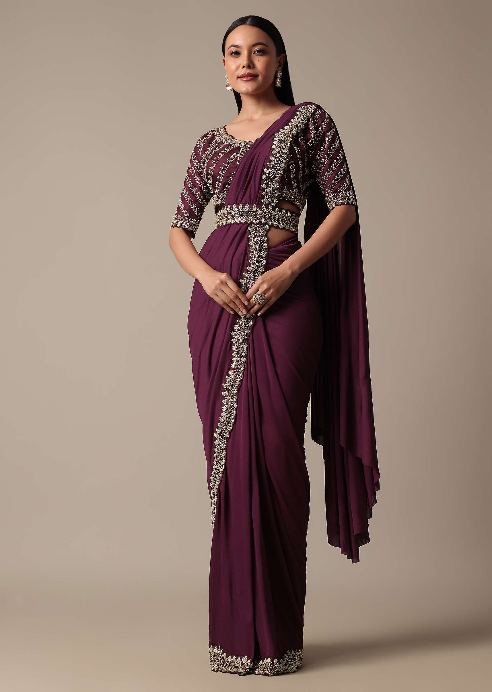 Wine Readymade Saree With Embellished Blouse - Image 3