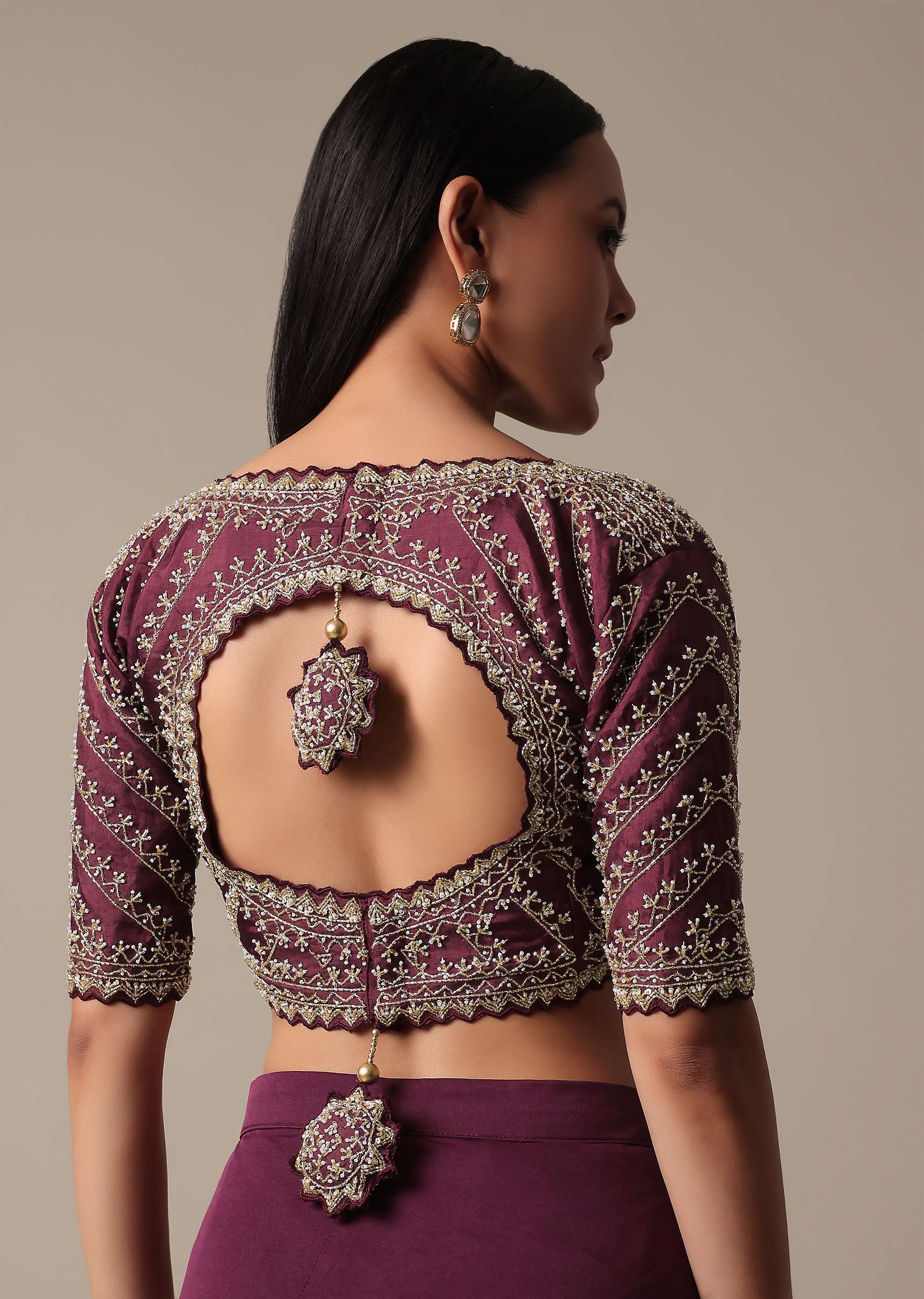 Wine Readymade Saree With Embellished Blouse - Image 7