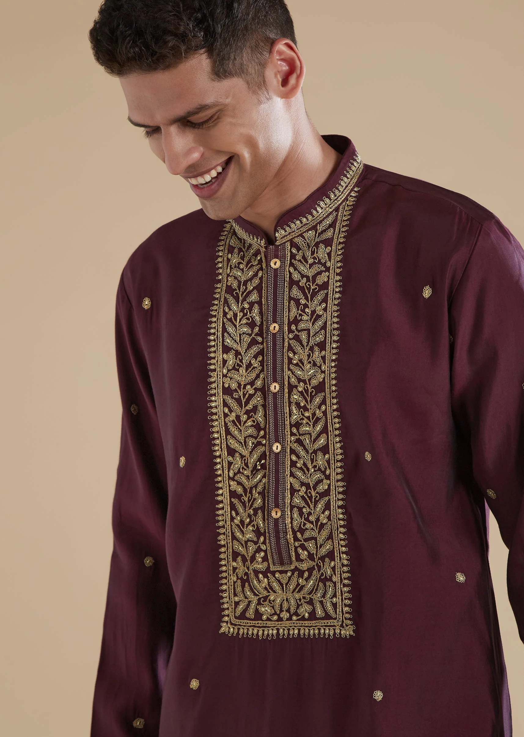 Wine Red Silk Kurta Set With Thread Resham Work