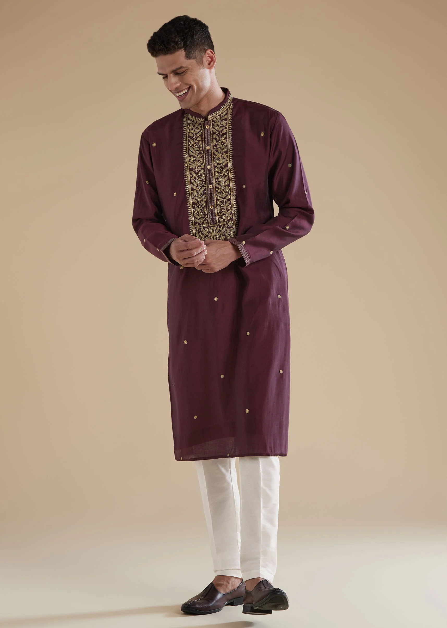 Wine Red Silk Kurta Set With Thread Resham Work - Image 4