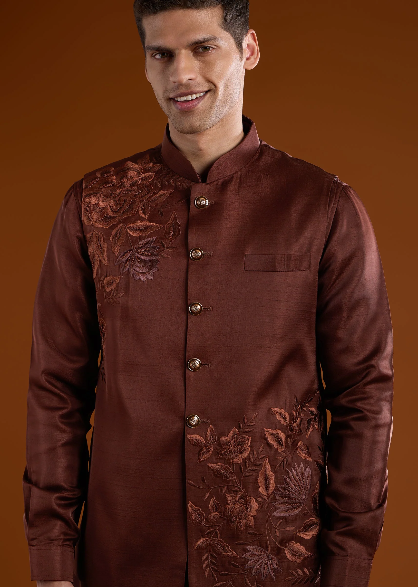 Wine Red Silk Mens Kurta Jacket Set With Thread And French Knot Work