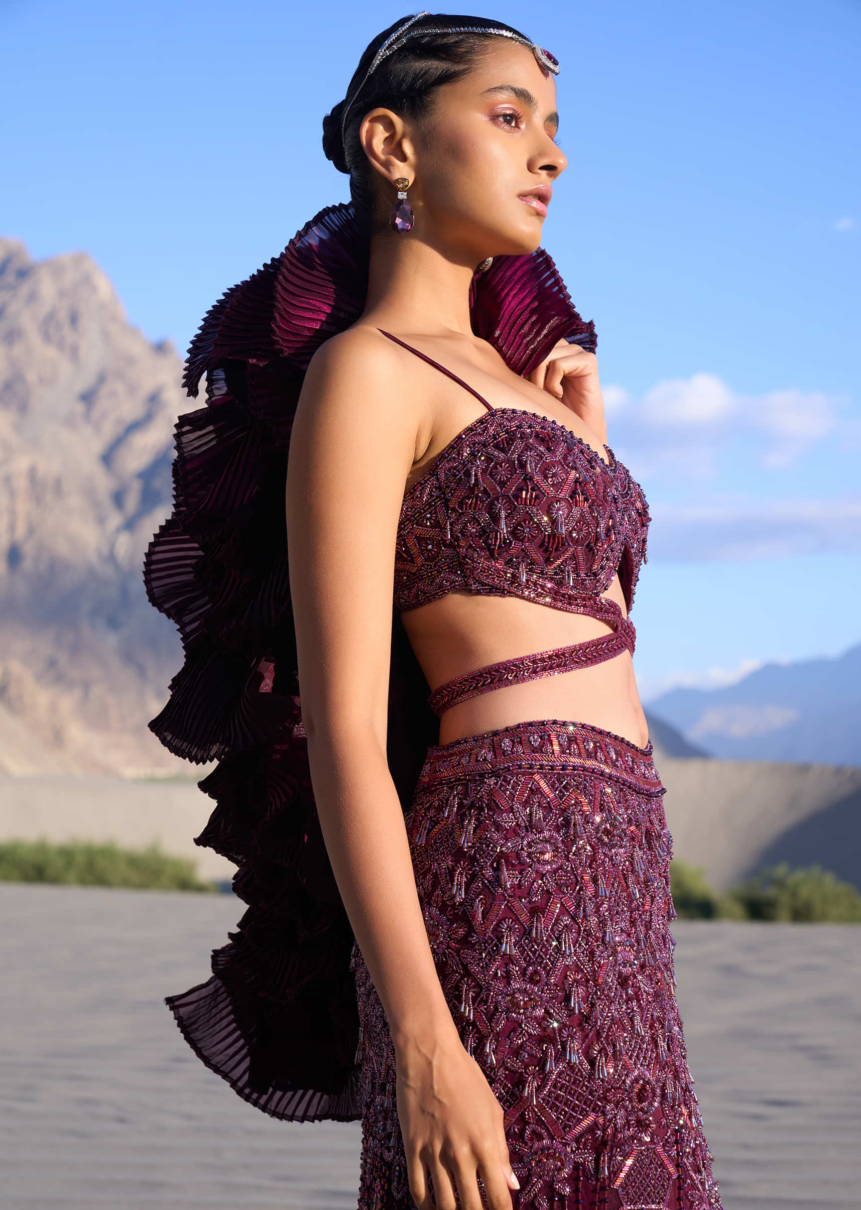Wine Ruffle Embroidered Fish Cut Lehenga With Long Trail And Jacket - Image 4