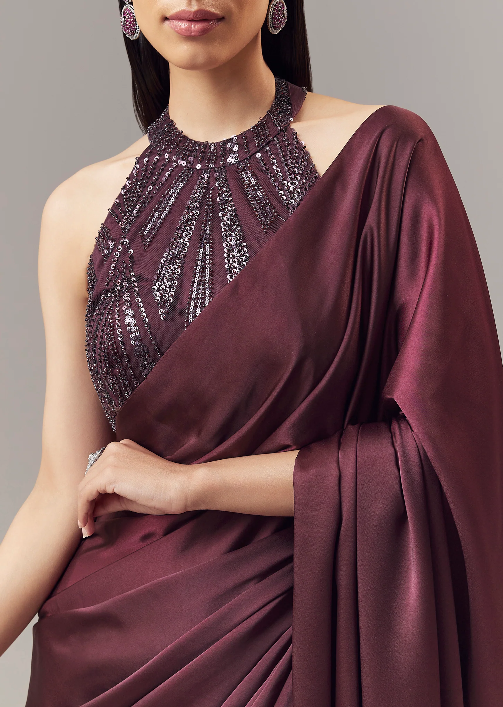 Wine Satin Blend Saree With Cut Dana And Sequin Embellished Halter Neckline Blouse - Image 2