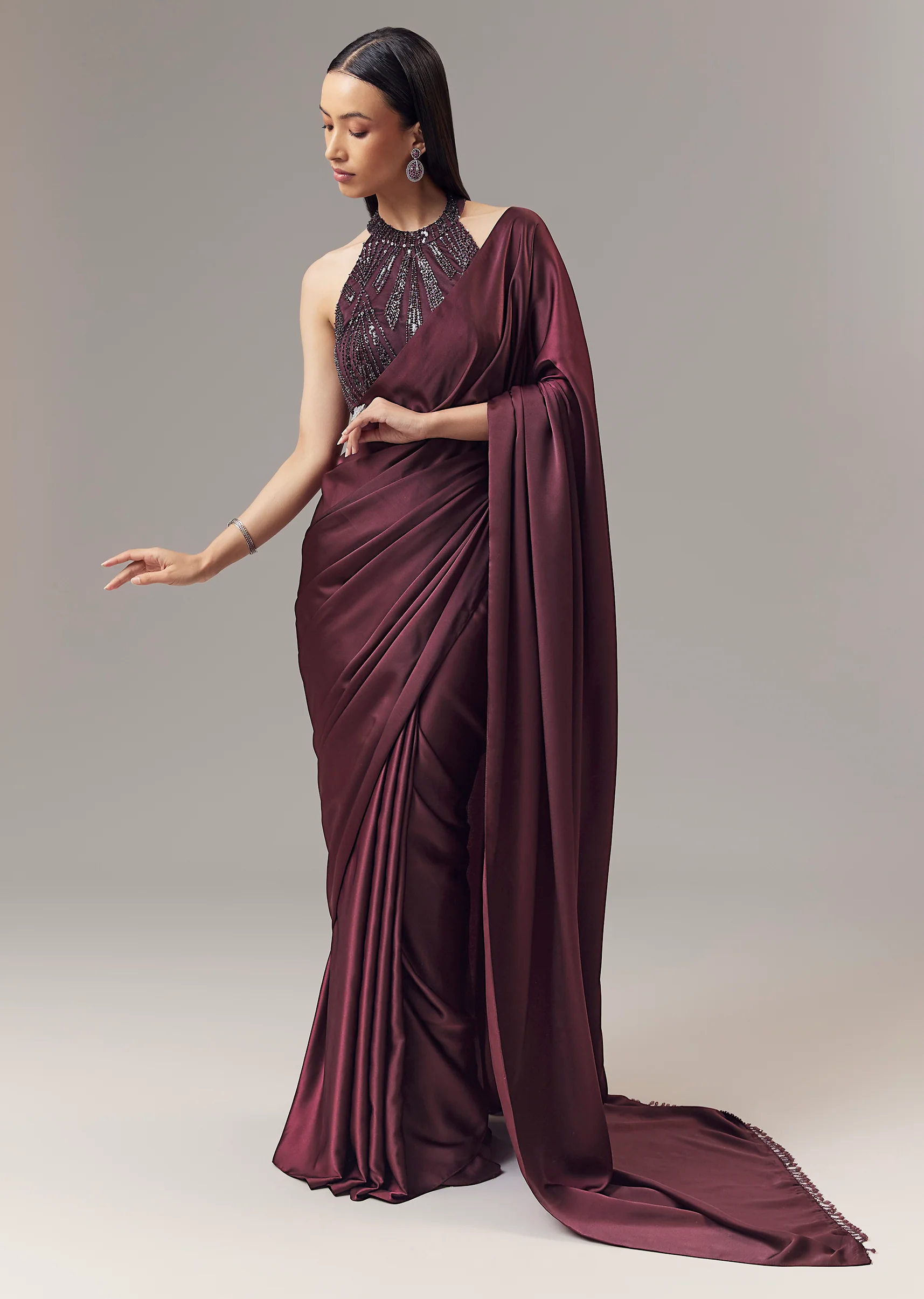 Wine Satin Blend Saree With Cut Dana And Sequin Embellished Halter Neckline Blouse - Image 3