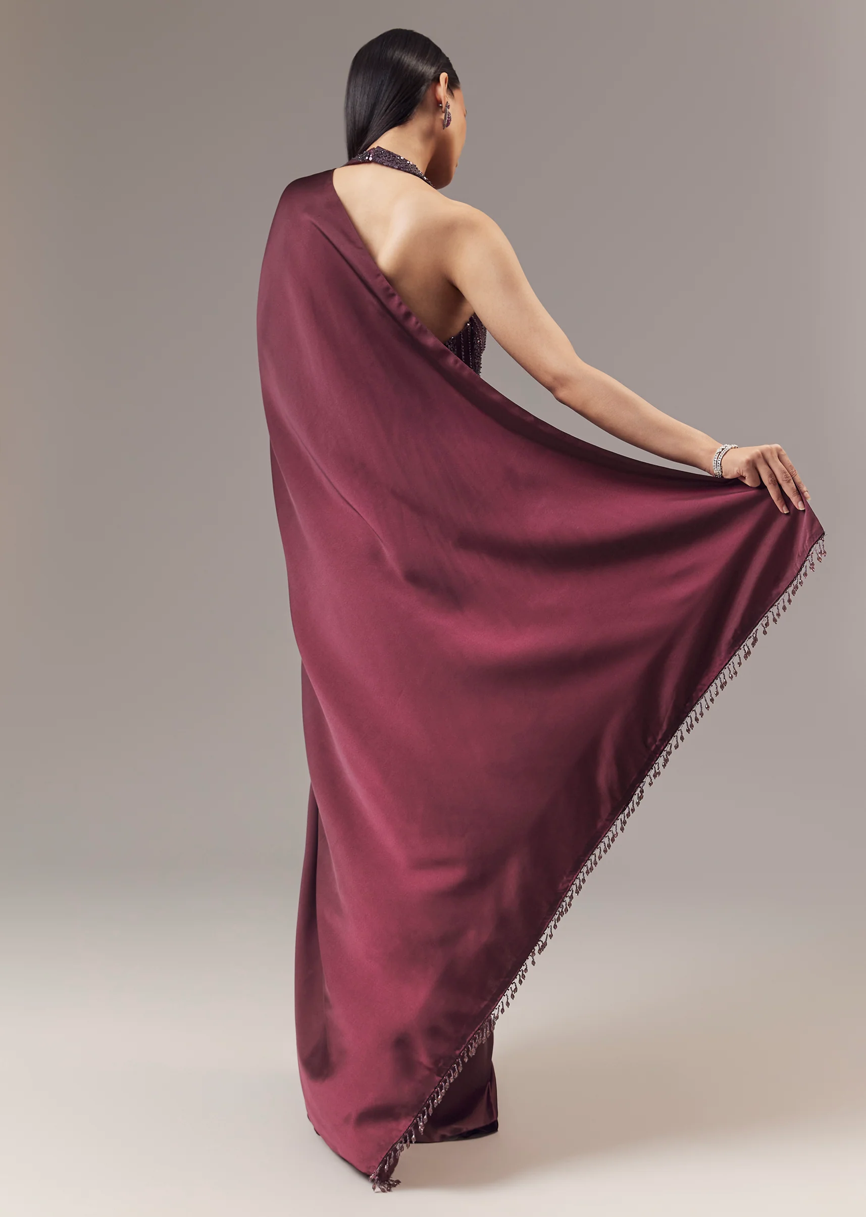 Wine Satin Blend Saree With Cut Dana And Sequin Embellished Halter Neckline Blouse - Image 4