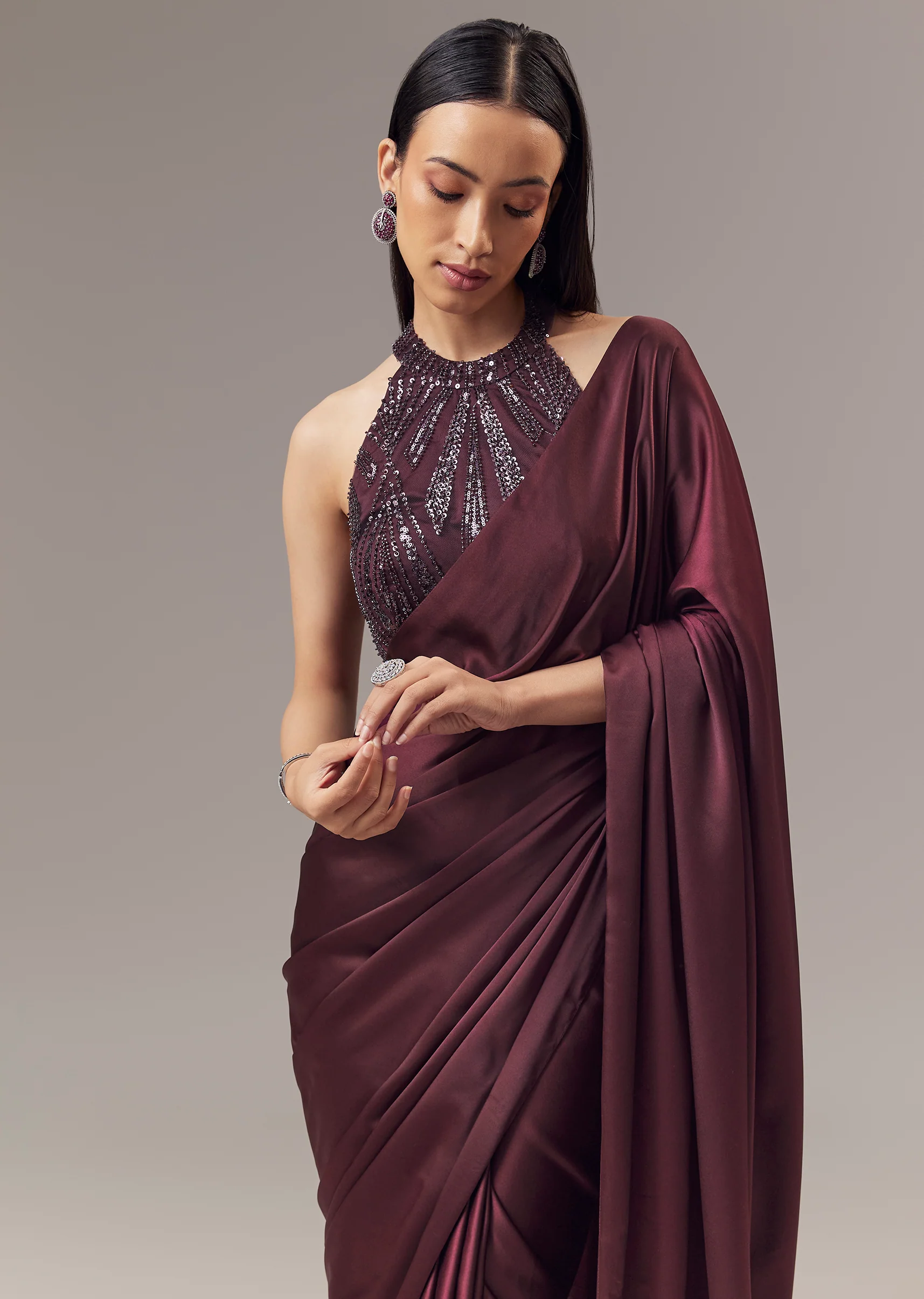 Wine Satin Blend Saree With Cut Dana And Sequin Embellished Halter Neckline Blouse - Image 5
