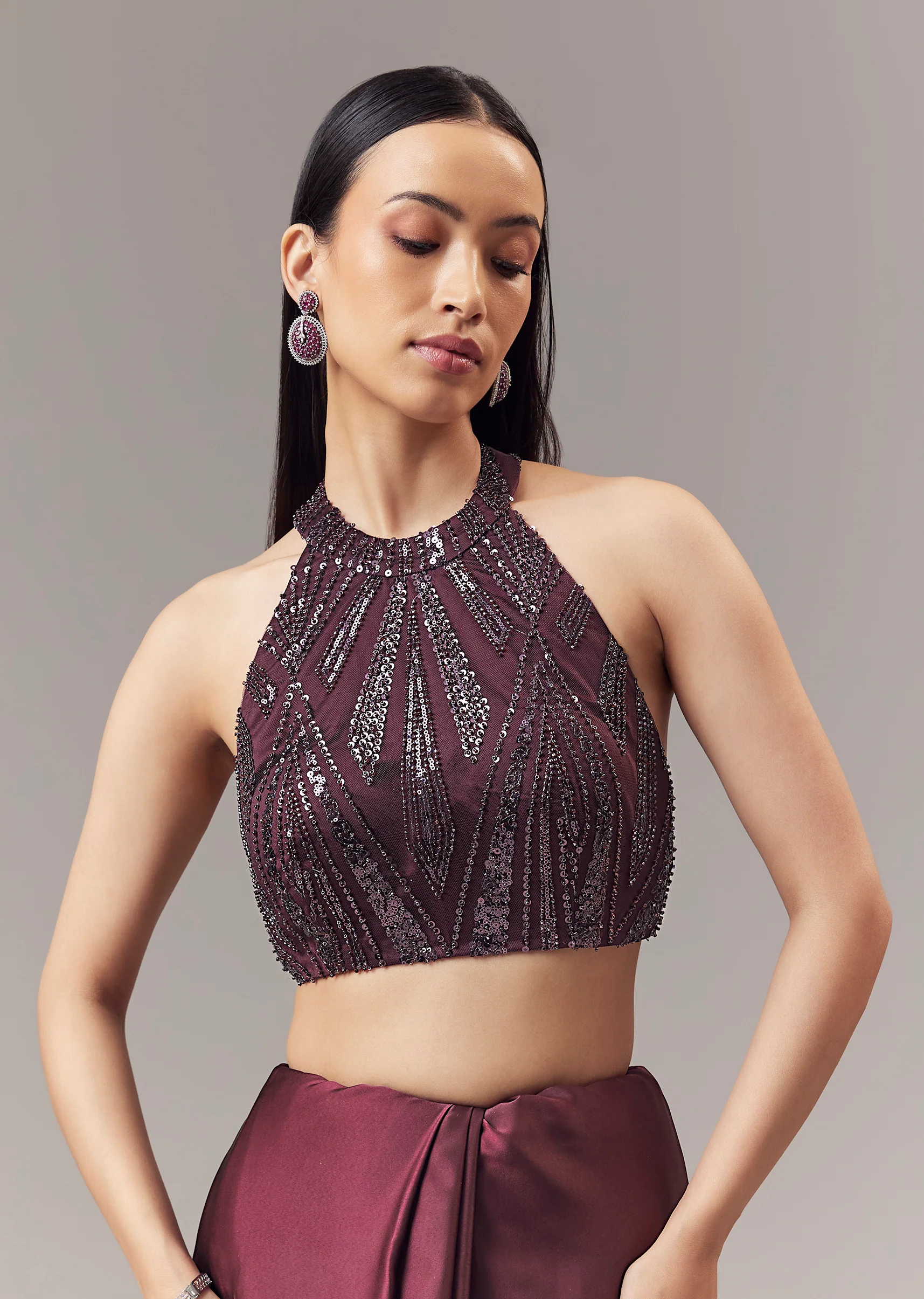 Wine Satin Blend Saree With Cut Dana And Sequin Embellished Halter Neckline Blouse - Image 8