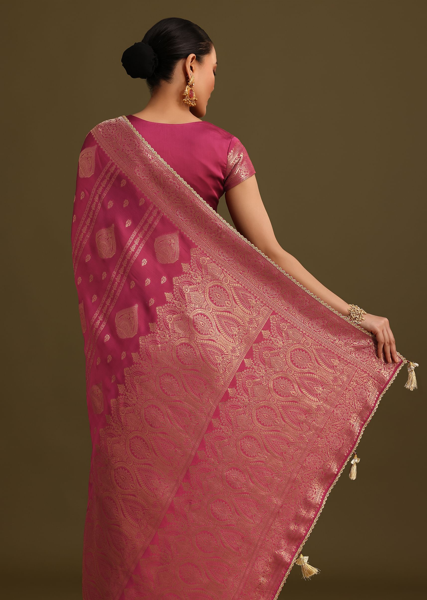 Wine Satin Brocade Zari Weave Saree - Image 4