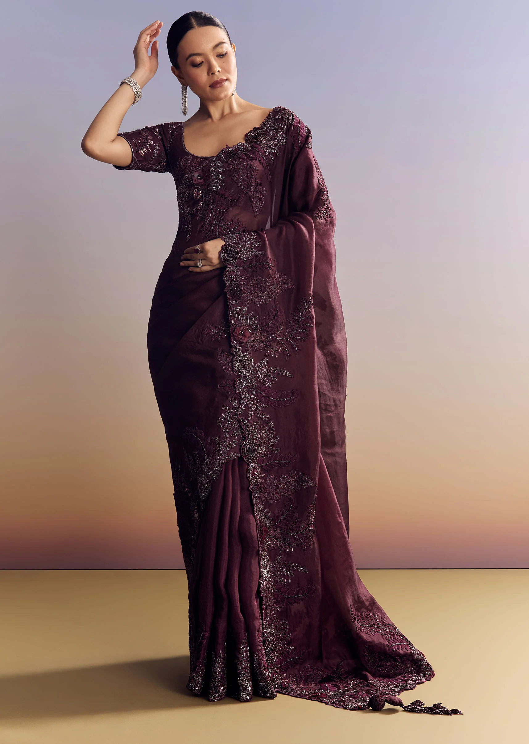 Wine Satin Saree With Heavy Floral Embroidery In Sequins And Cutdana - Image 2