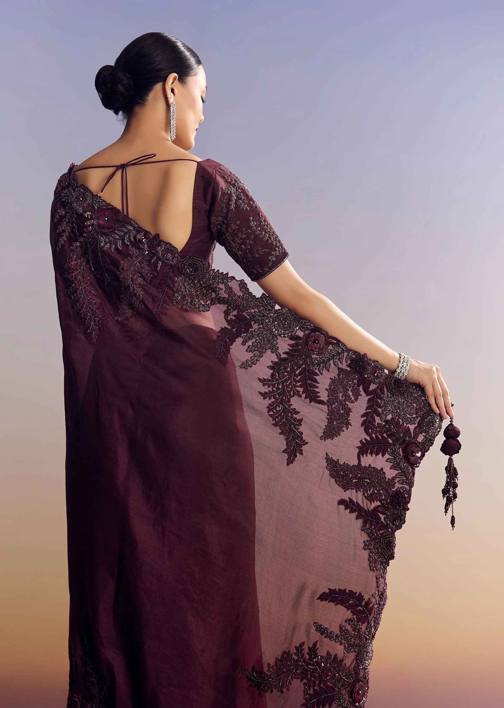 Wine Satin Saree With Heavy Floral Embroidery In Sequins And Cutdana - Image 6