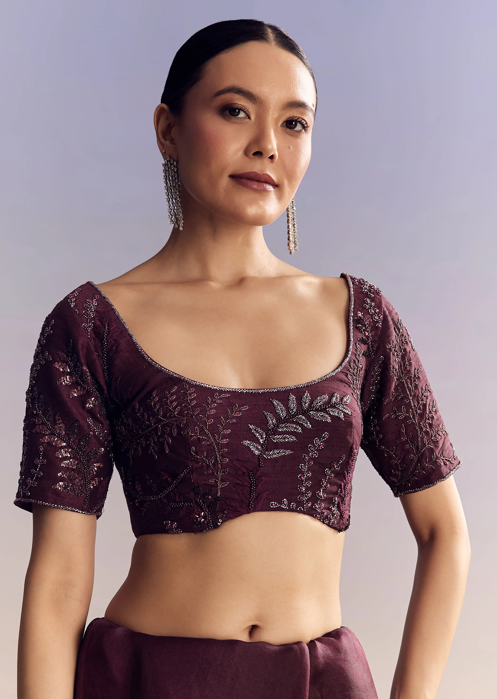 Wine Satin Saree With Heavy Floral Embroidery In Sequins And Cutdana - Image 7