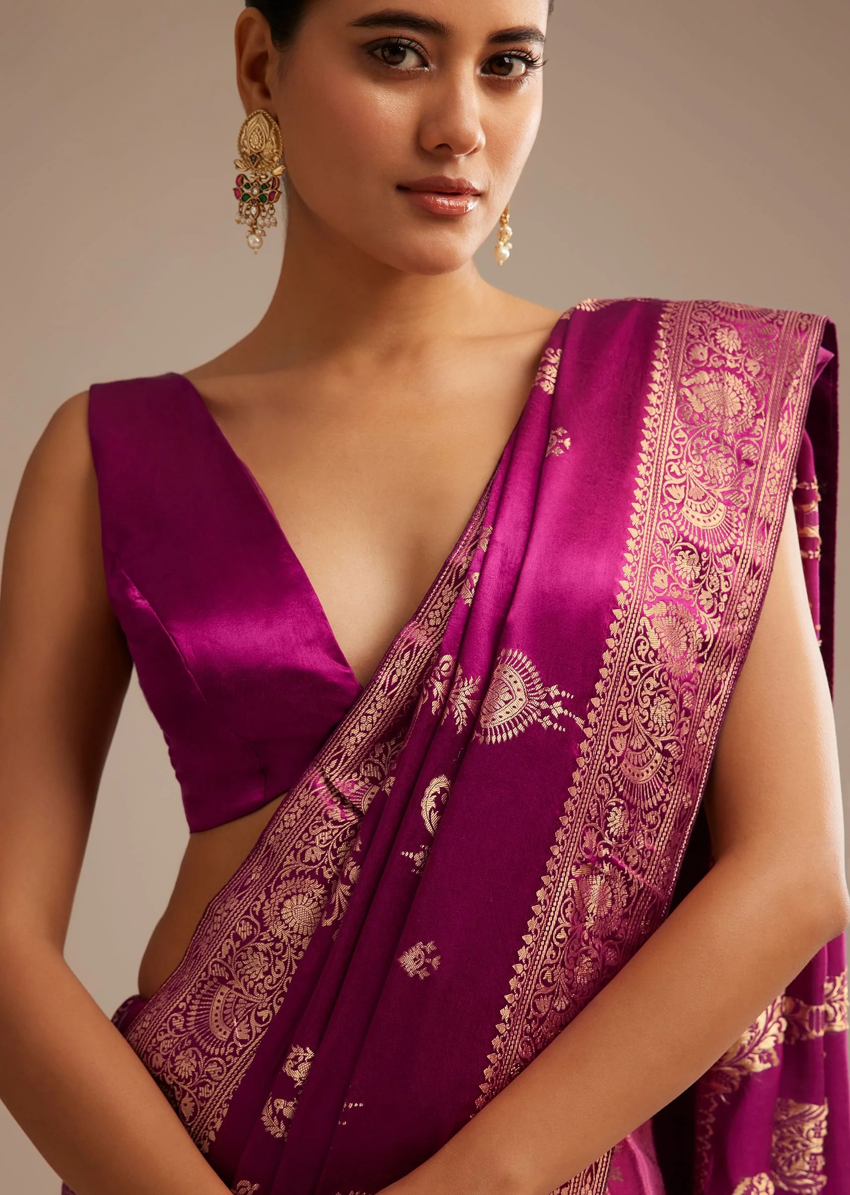 Wine Satin Saree With Zari Woven Work - Image 2