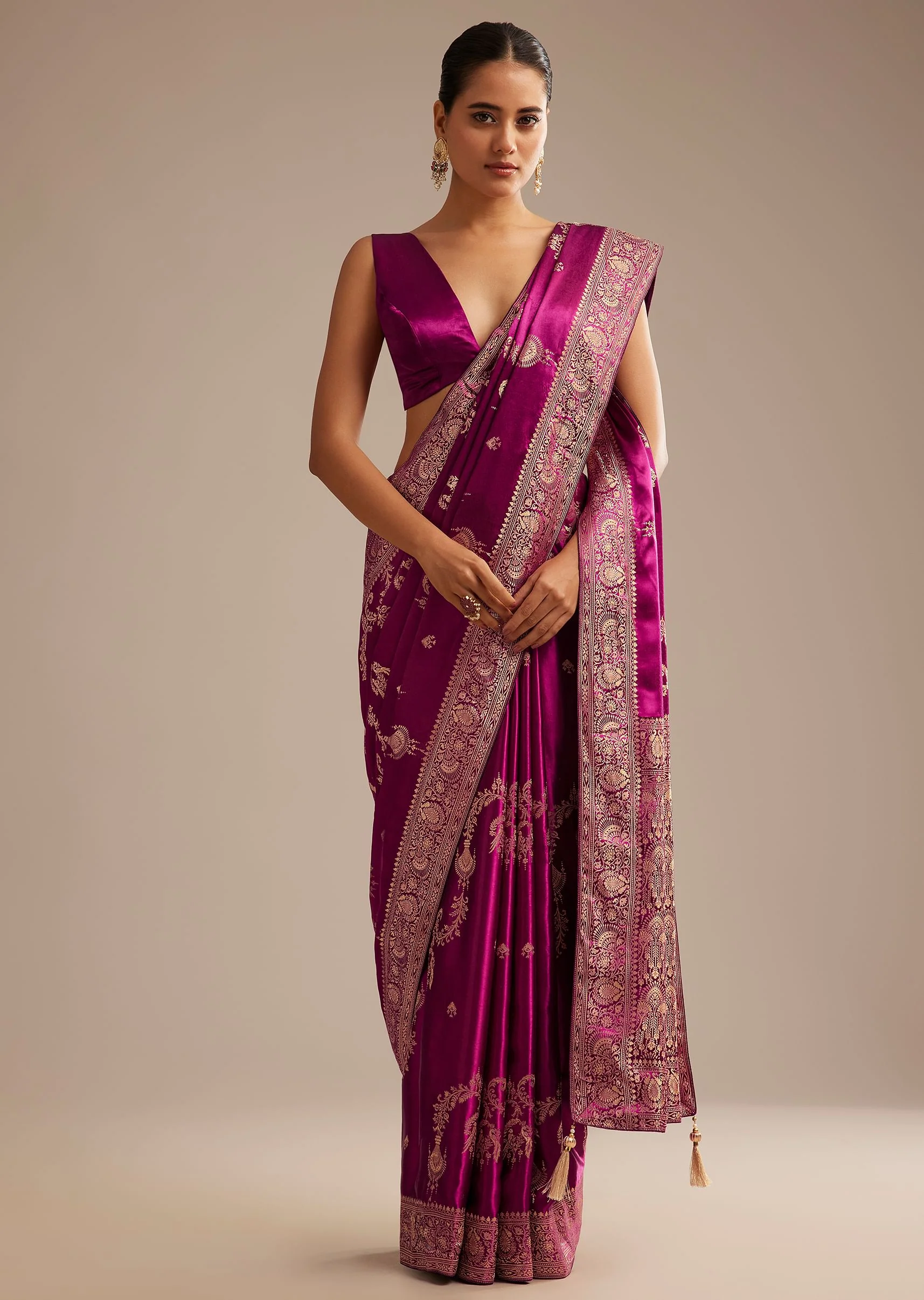 Wine Satin Saree With Zari Woven Work - Image 3