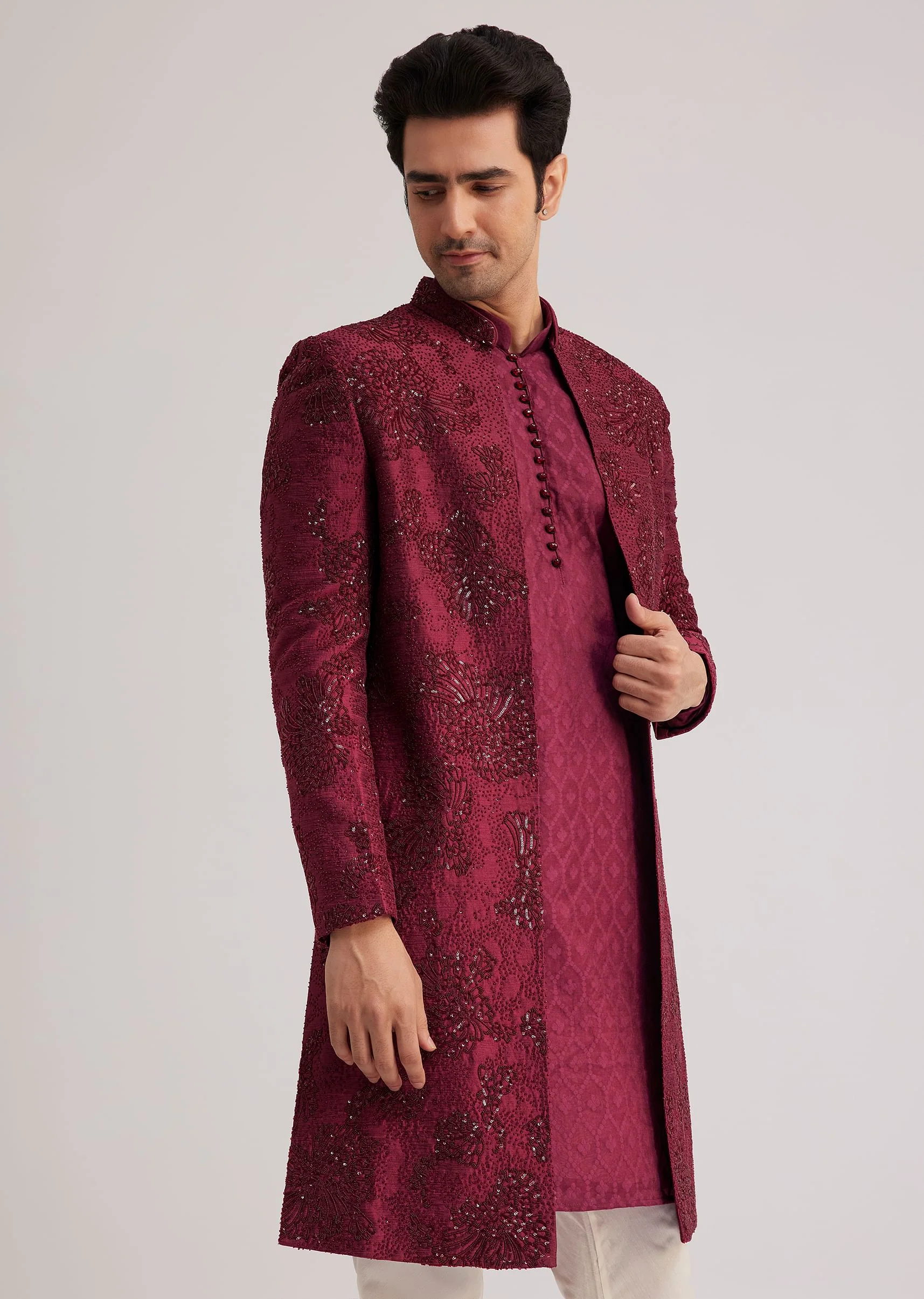 Wine Silk Open Sherwani Set With Zardosi Stone And Beads Work - Image 3