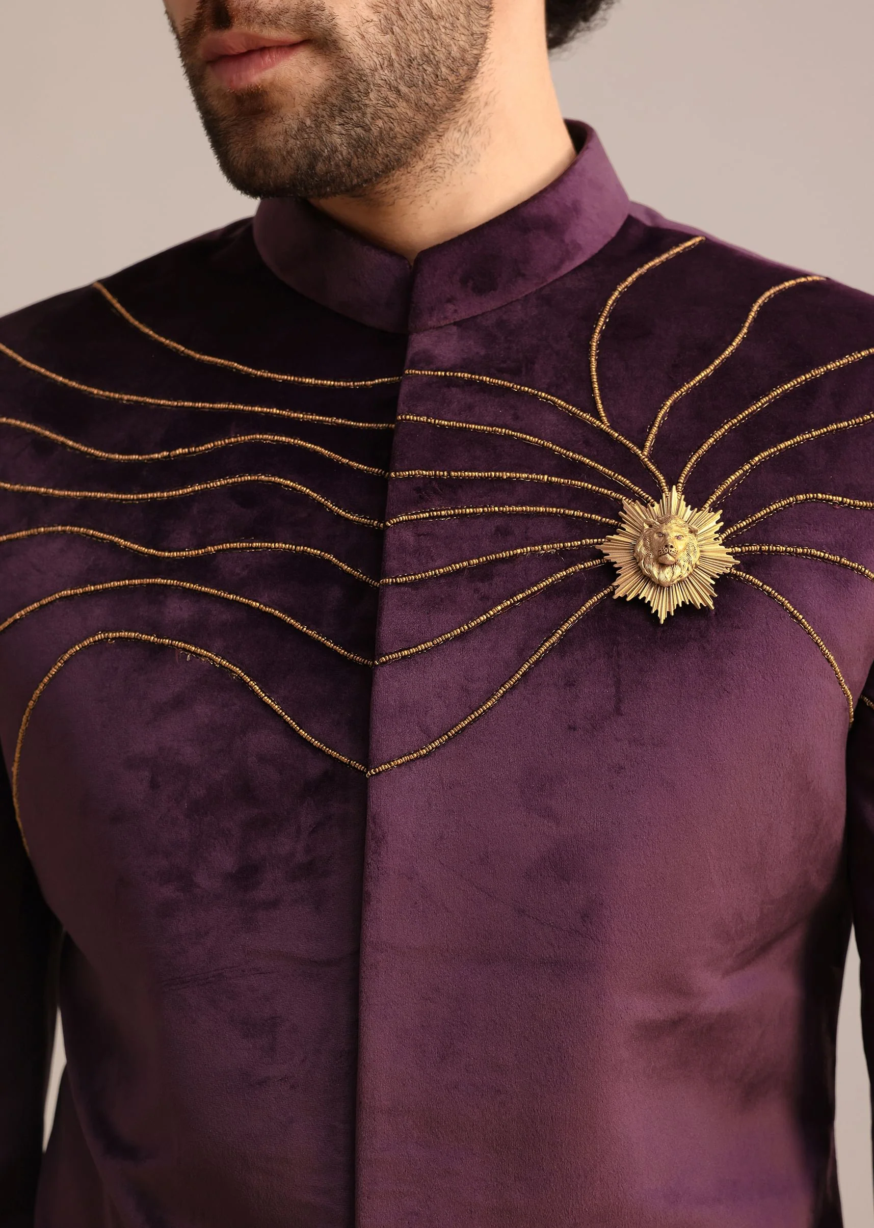 Wine Suede Jodhpuri Set With Patch Work - Image 2