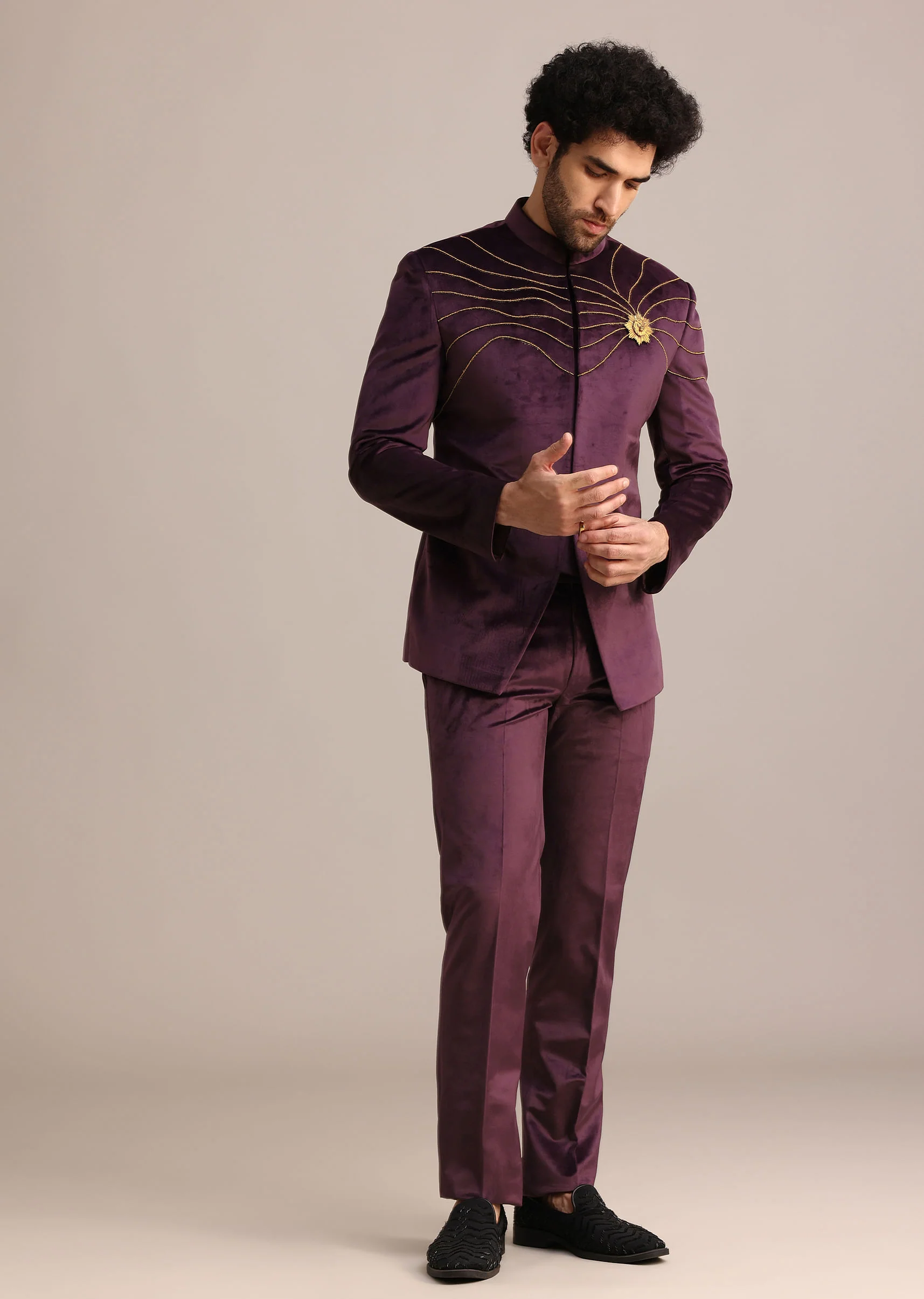 Wine Suede Jodhpuri Set With Patch Work - Image 3