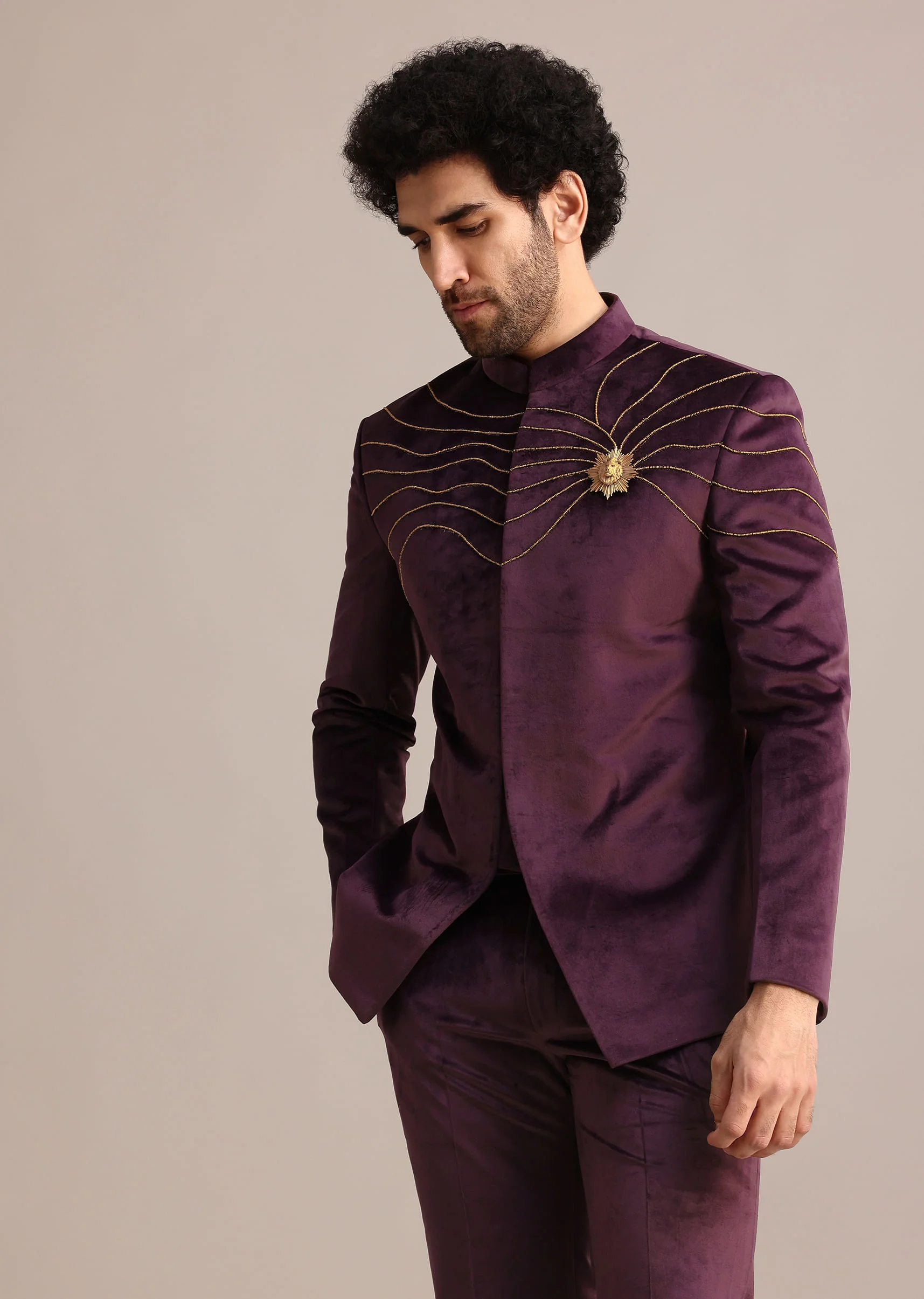 Wine Suede Jodhpuri Set With Patch Work - Image 4