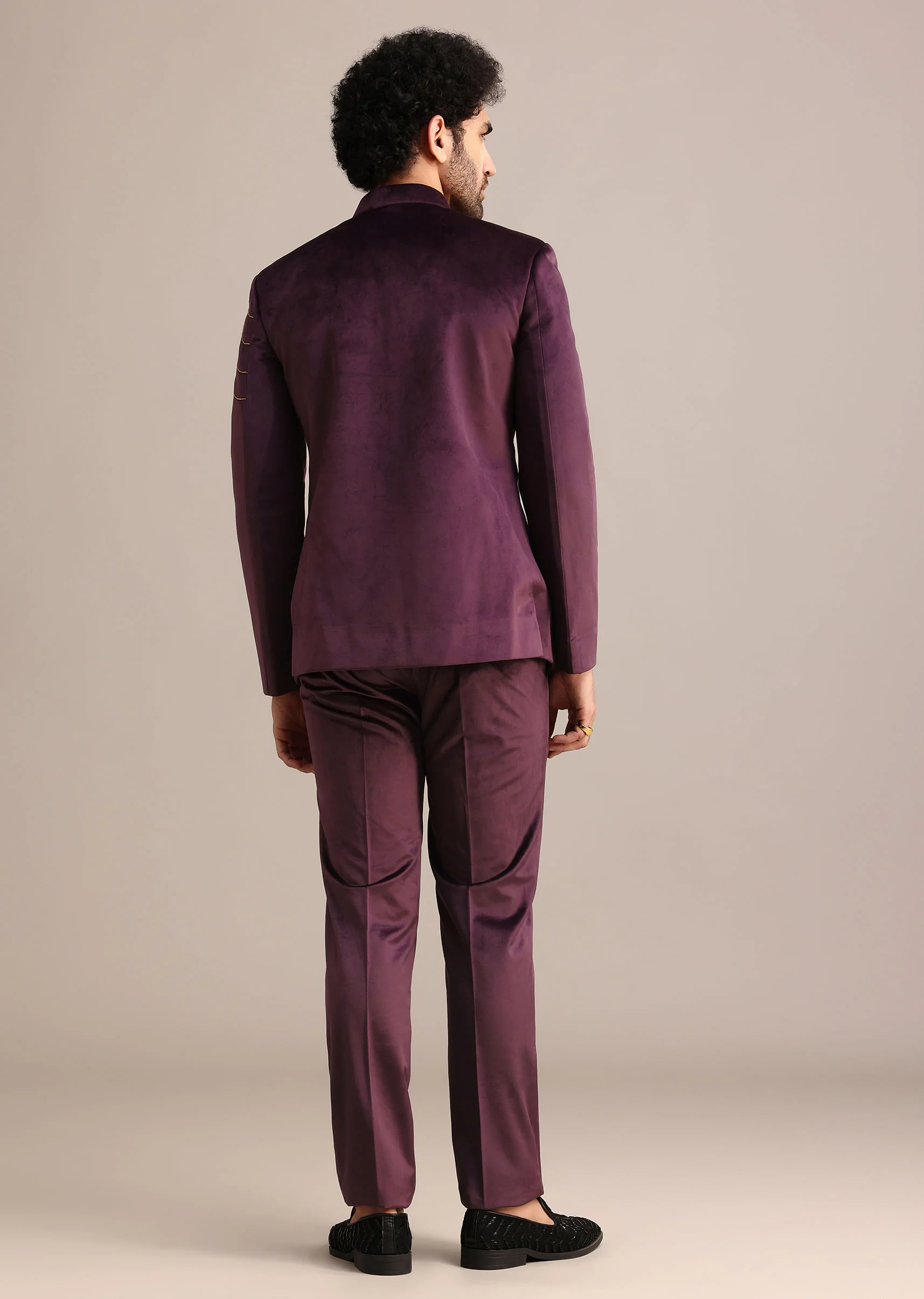 Wine Suede Jodhpuri Set With Patch Work - Image 5