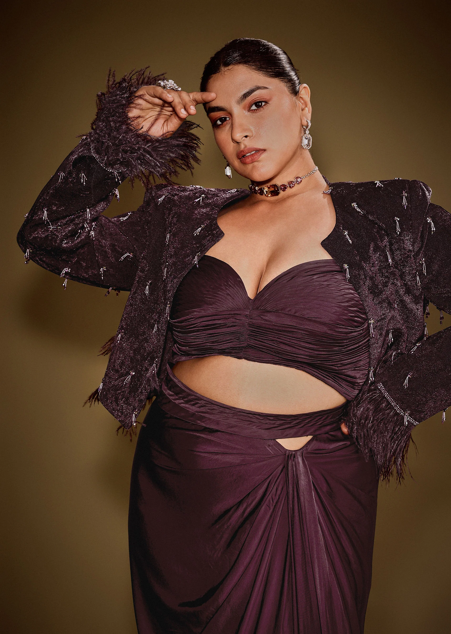 Wine Tassel Embroidered Blazer Set With Bustier And Drape Skirt - Image 4