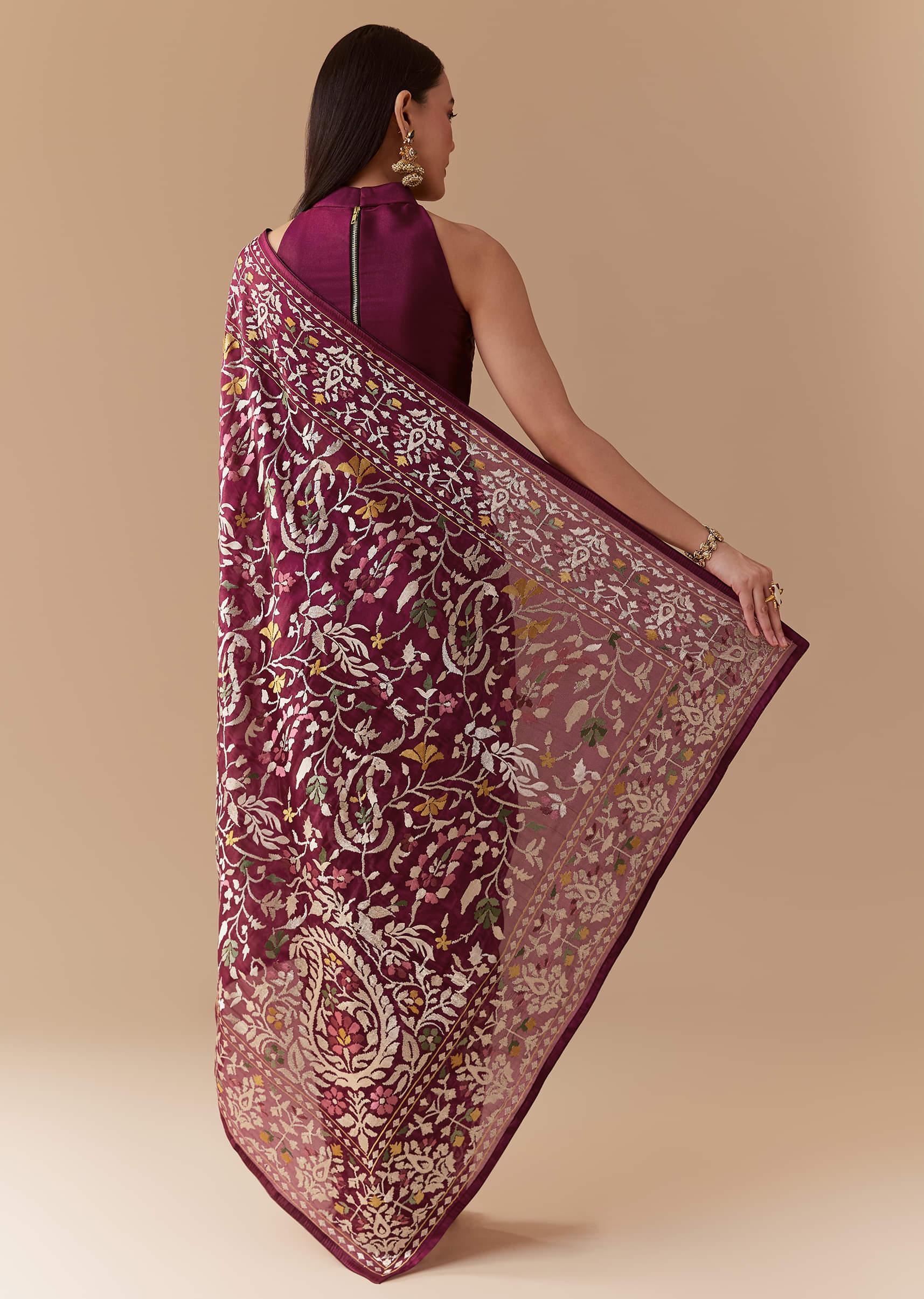 Wine Tissue Organza Embroidered Saree with Unstitched Blouse - Image 4
