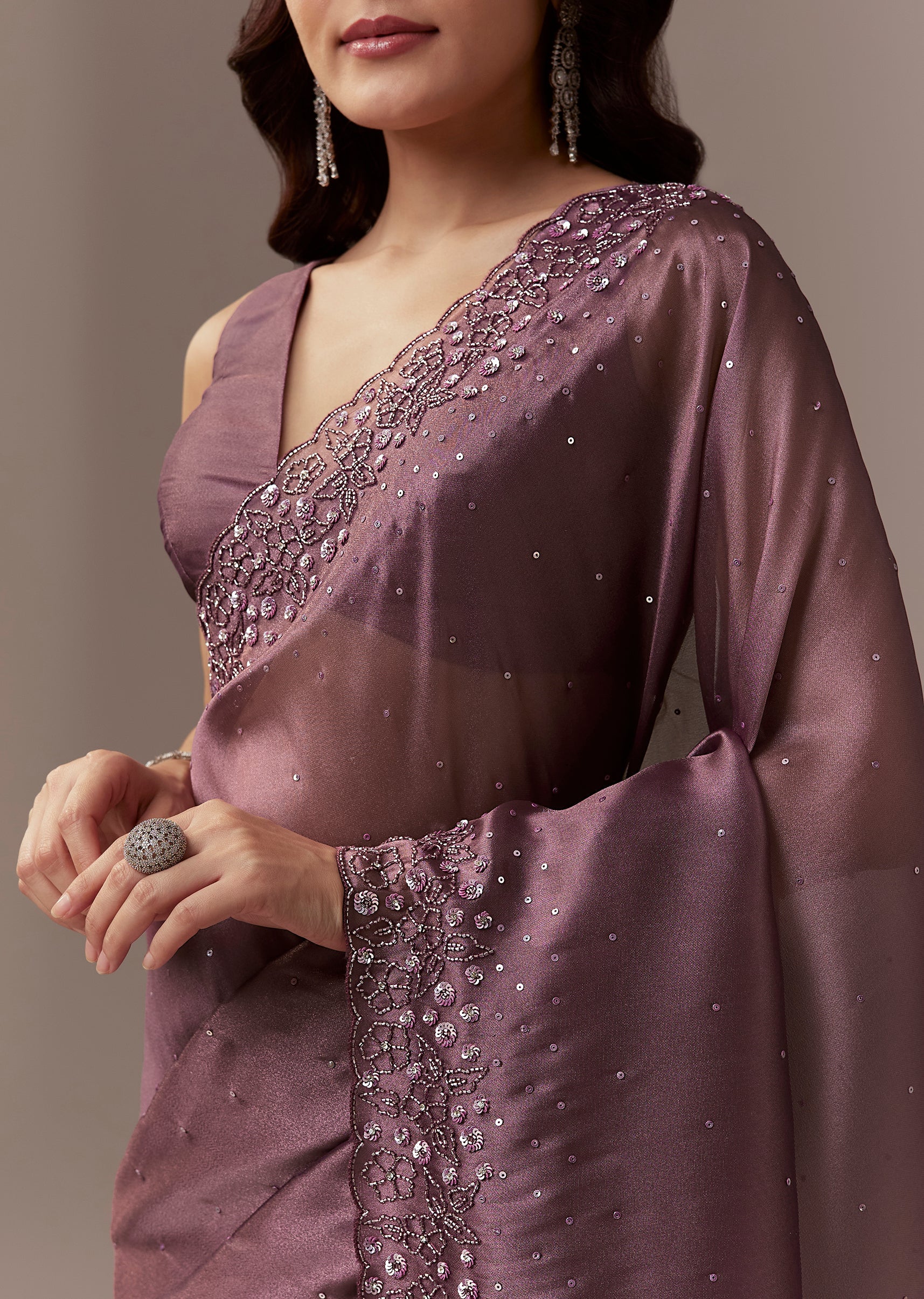 Wine Tissue Saree With Cutdana And Sequin Embroidery - Image 2