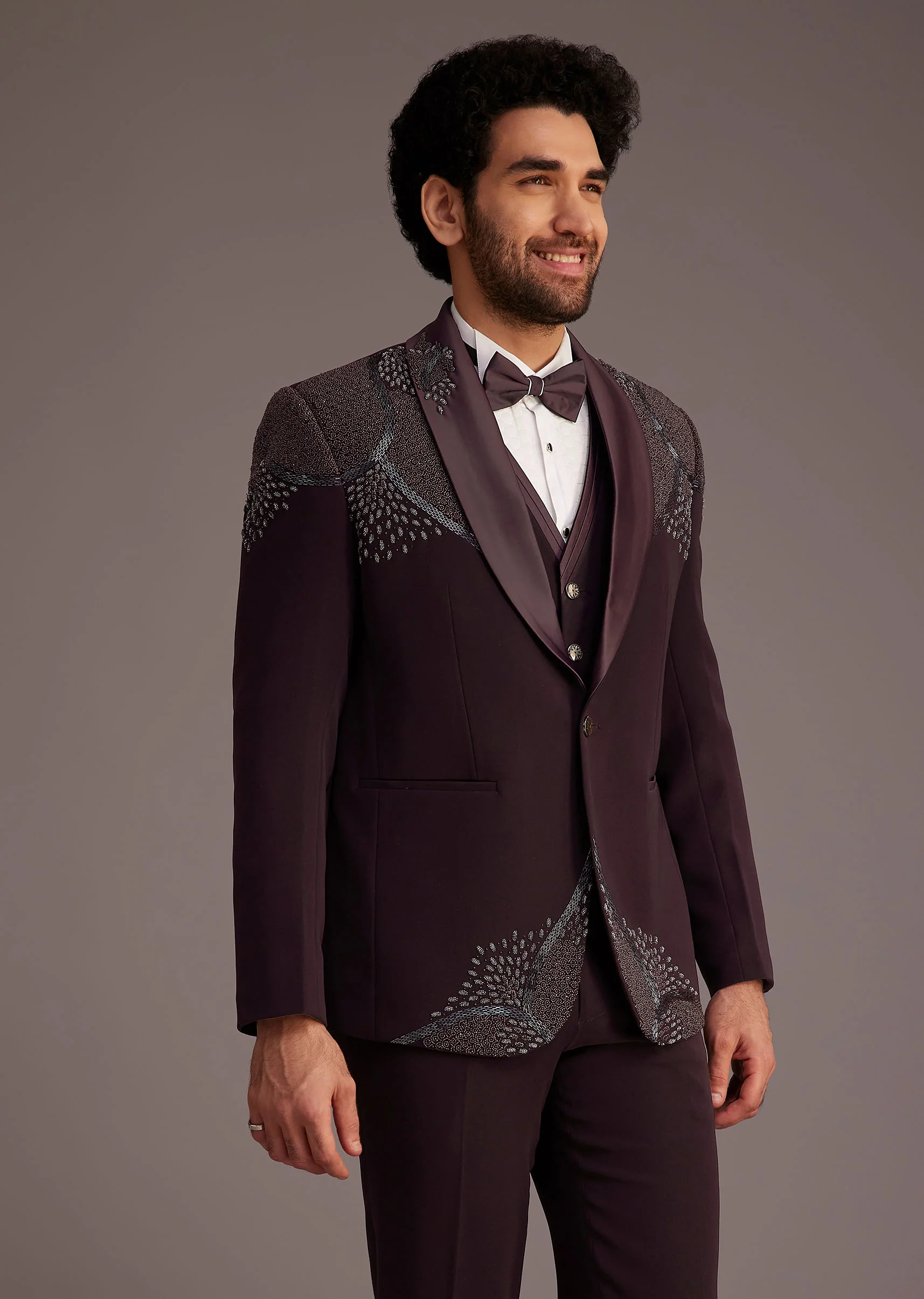 Wine Tuxedo With Beaded Detailing And Satin Peak Lapel - Image 4