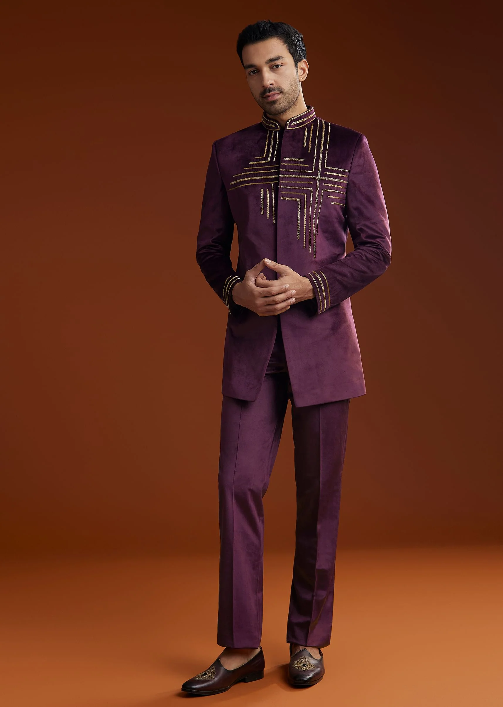 Wine Velvet Jodhpuri Kurta Trouser Set With Zari Embroidery - Image 3