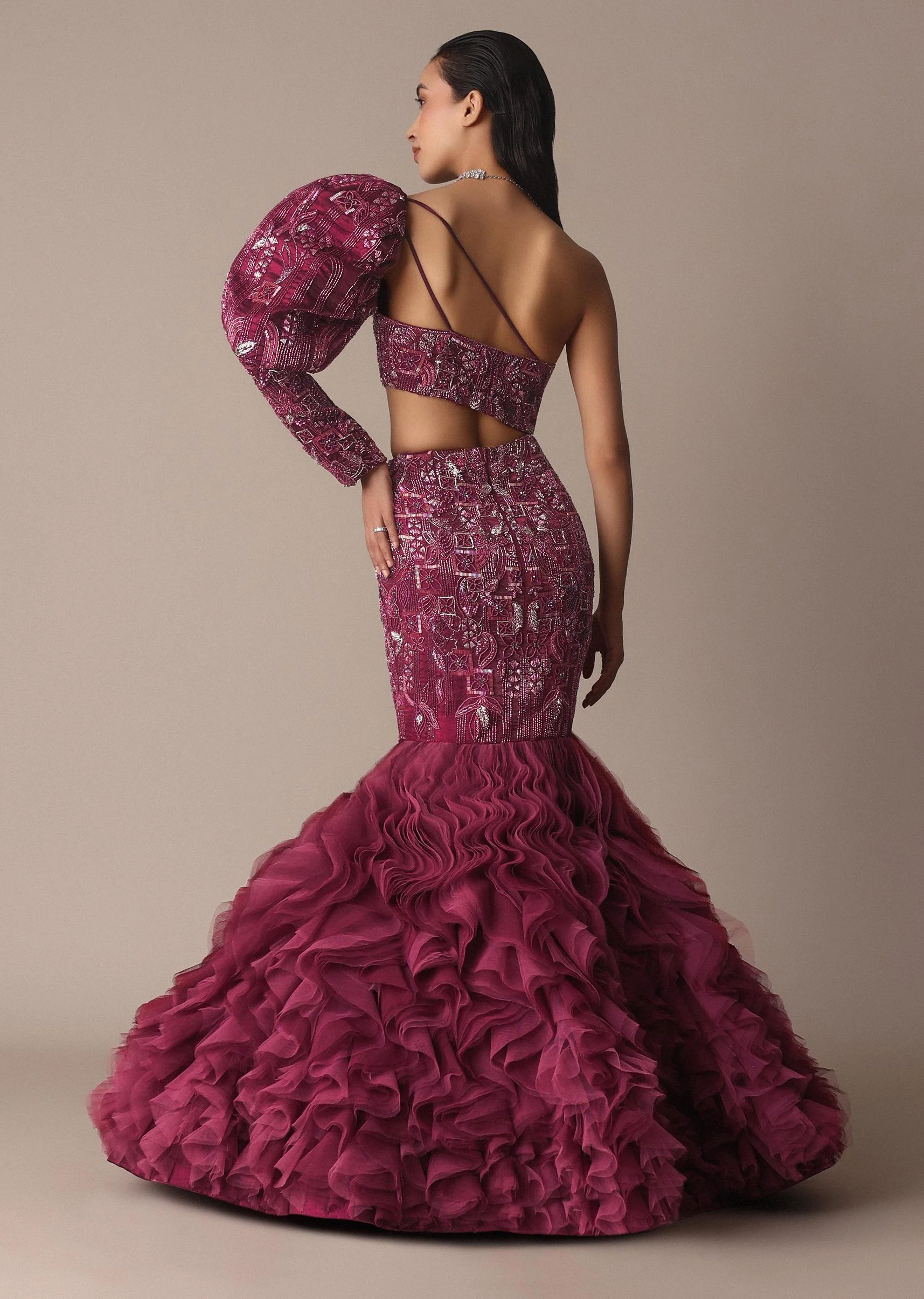 Wine Fish Cut One Shoulder Gown With 3D Organza Frills - Image 3