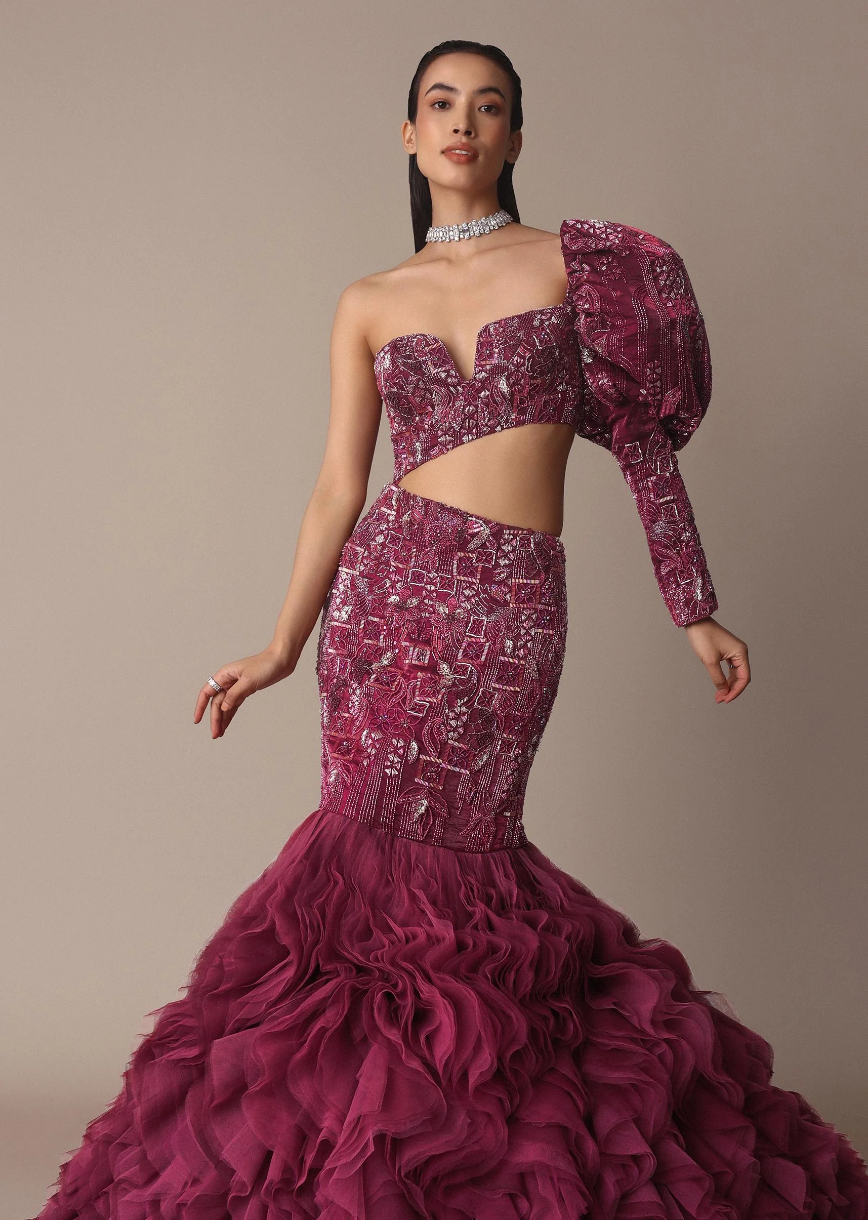 Wine Fish Cut One Shoulder Gown With 3D Organza Frills - Image 4