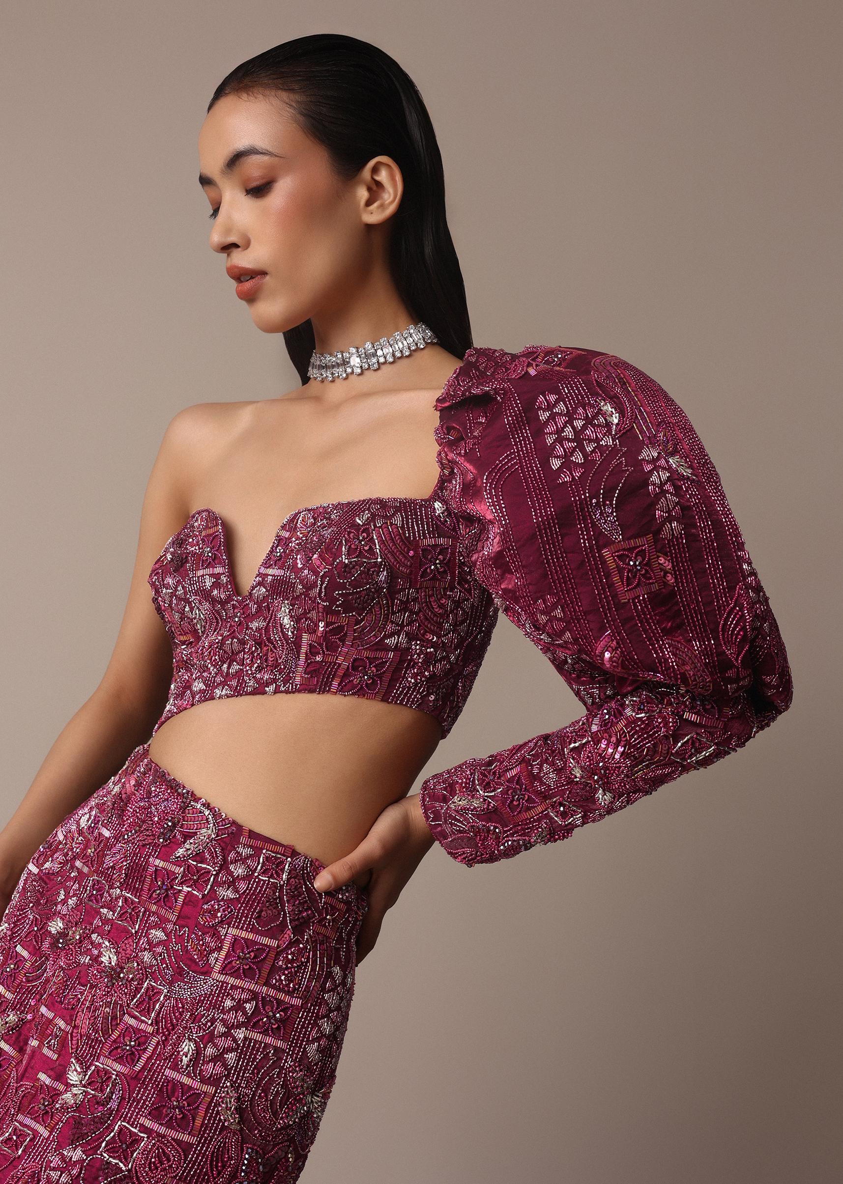 Wine Fish Cut One Shoulder Gown With 3D Organza Frills - Image 7
