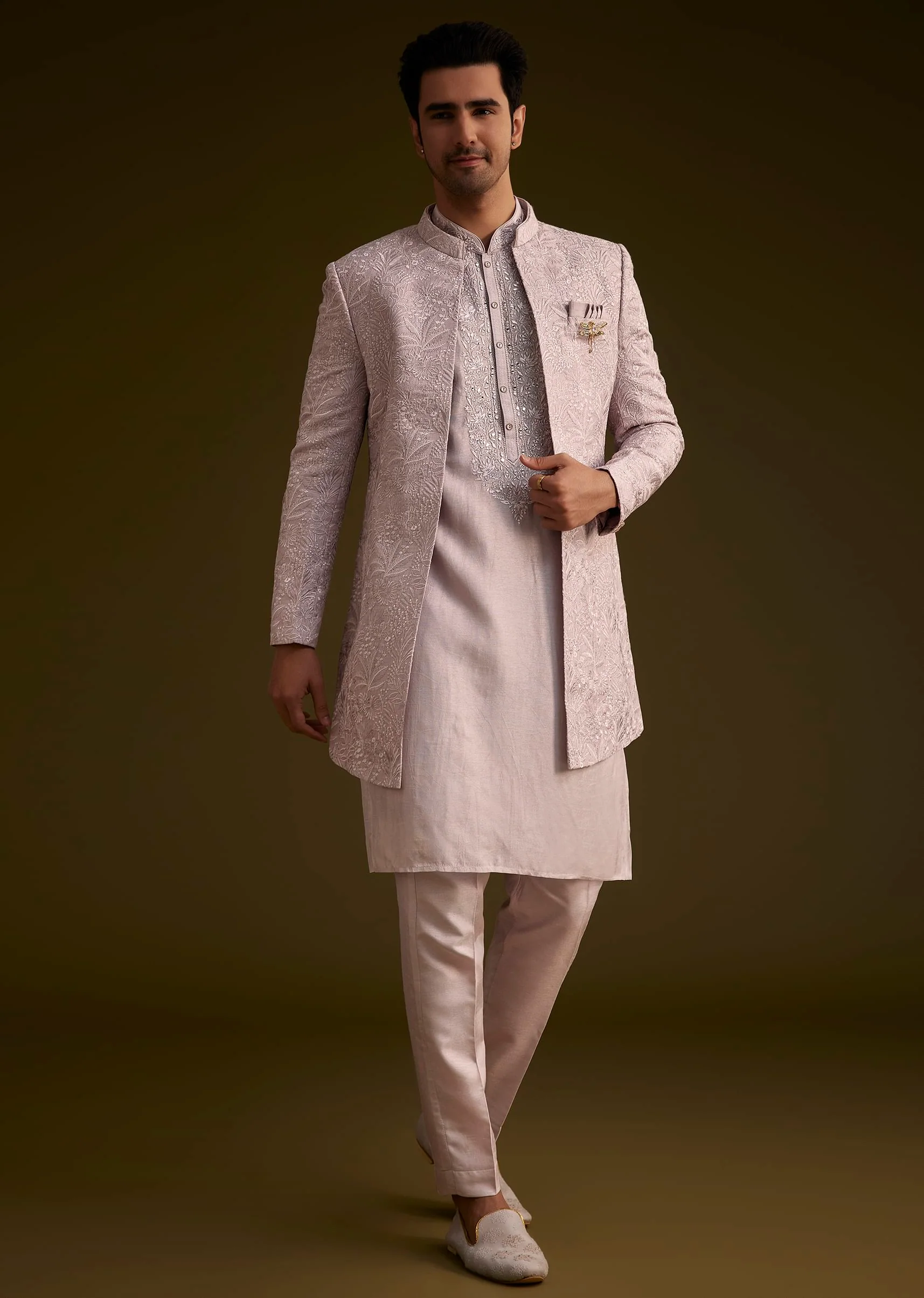 Wisteria Purple Silk Open Style Sherwani Set - Image 2