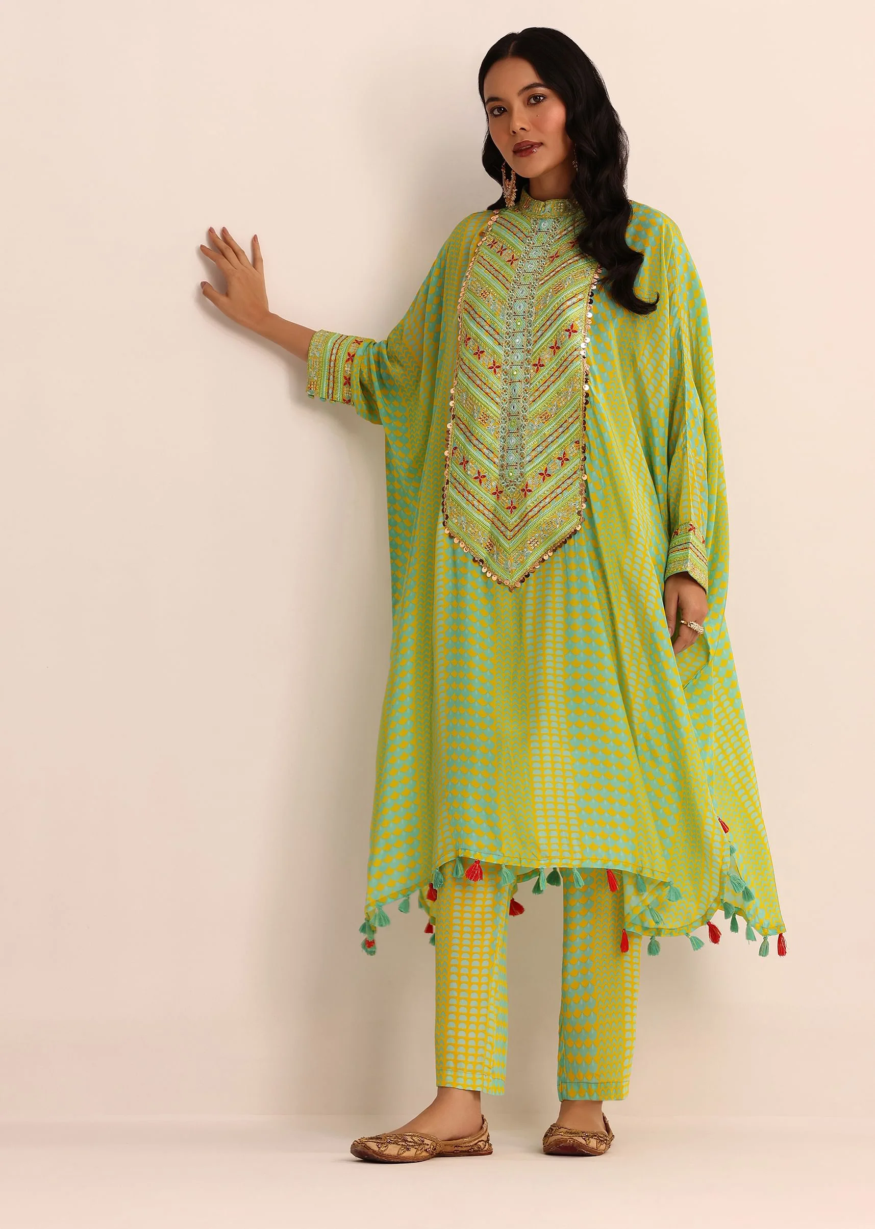 Yellow And Blue Embroidered Crepe Kaftan Kurti And Pant - Image 3