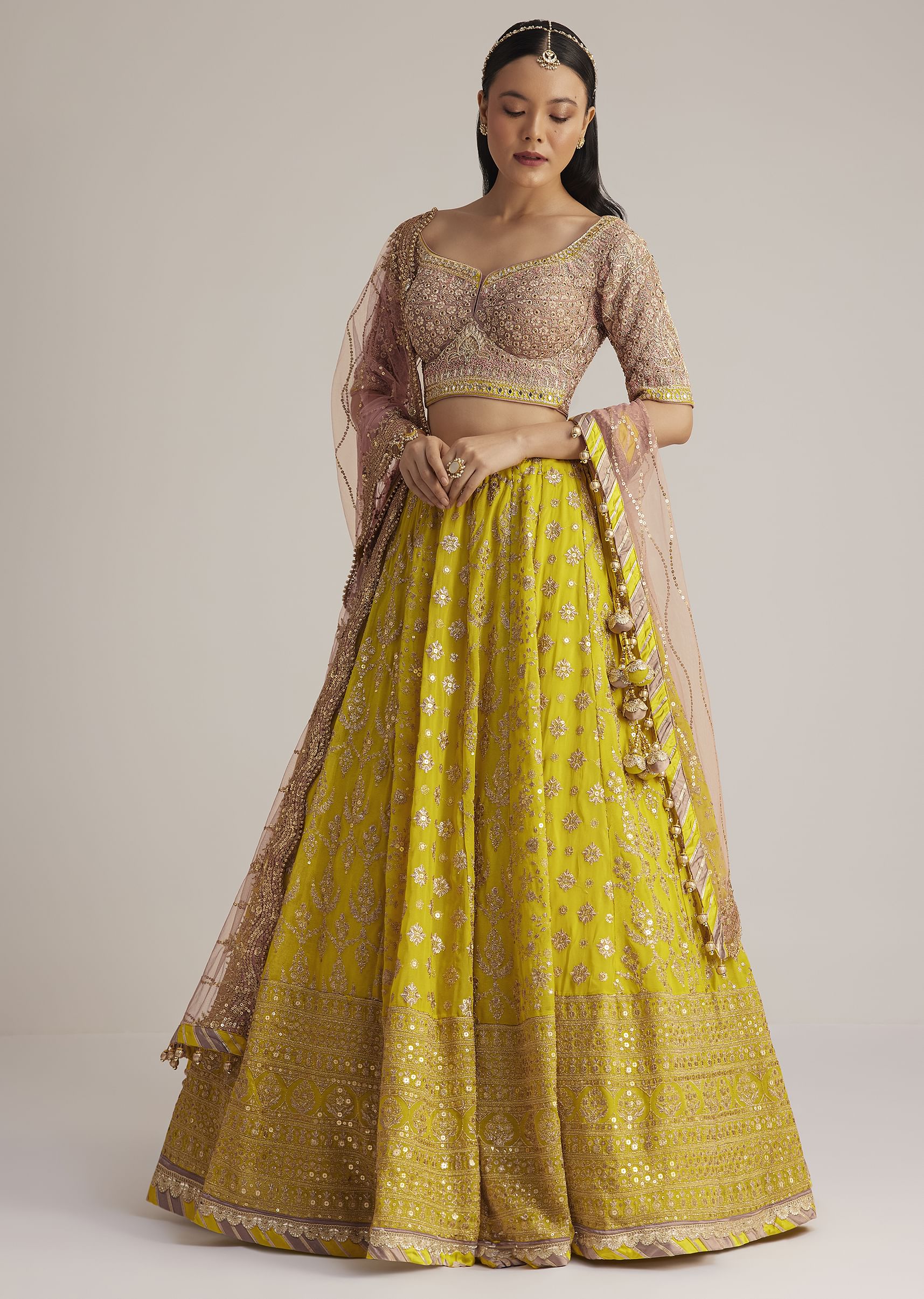 Yellow and Mauve Embroidered Lehenga Set With Net Dupatta - Image 4