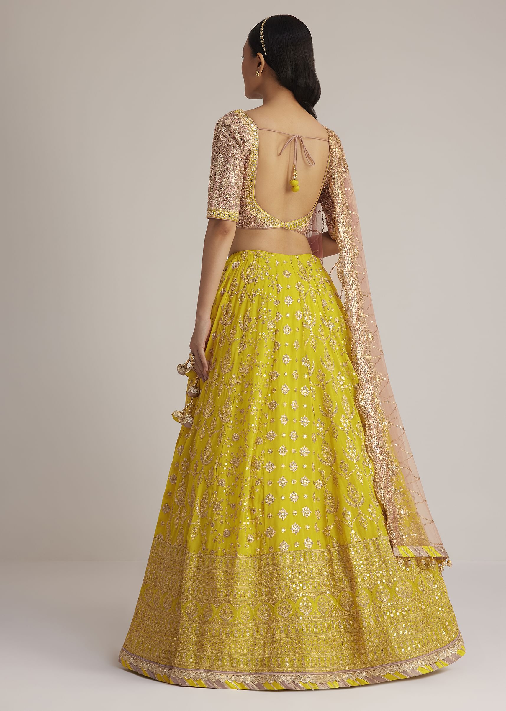 Yellow and Mauve Embroidered Lehenga Set With Net Dupatta - Image 5