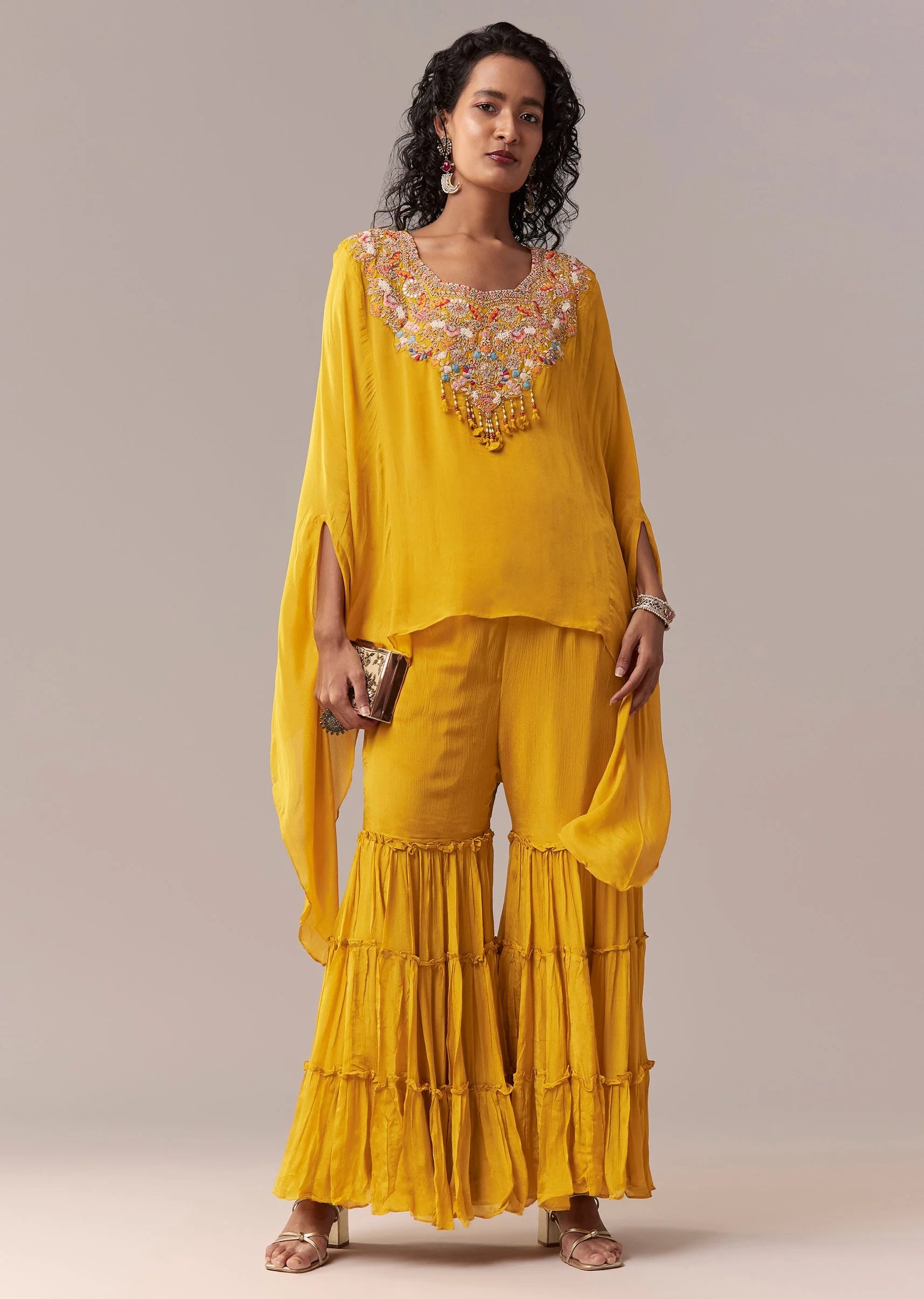 Yellow Asymmetric Sharara Cape Set - Image 3