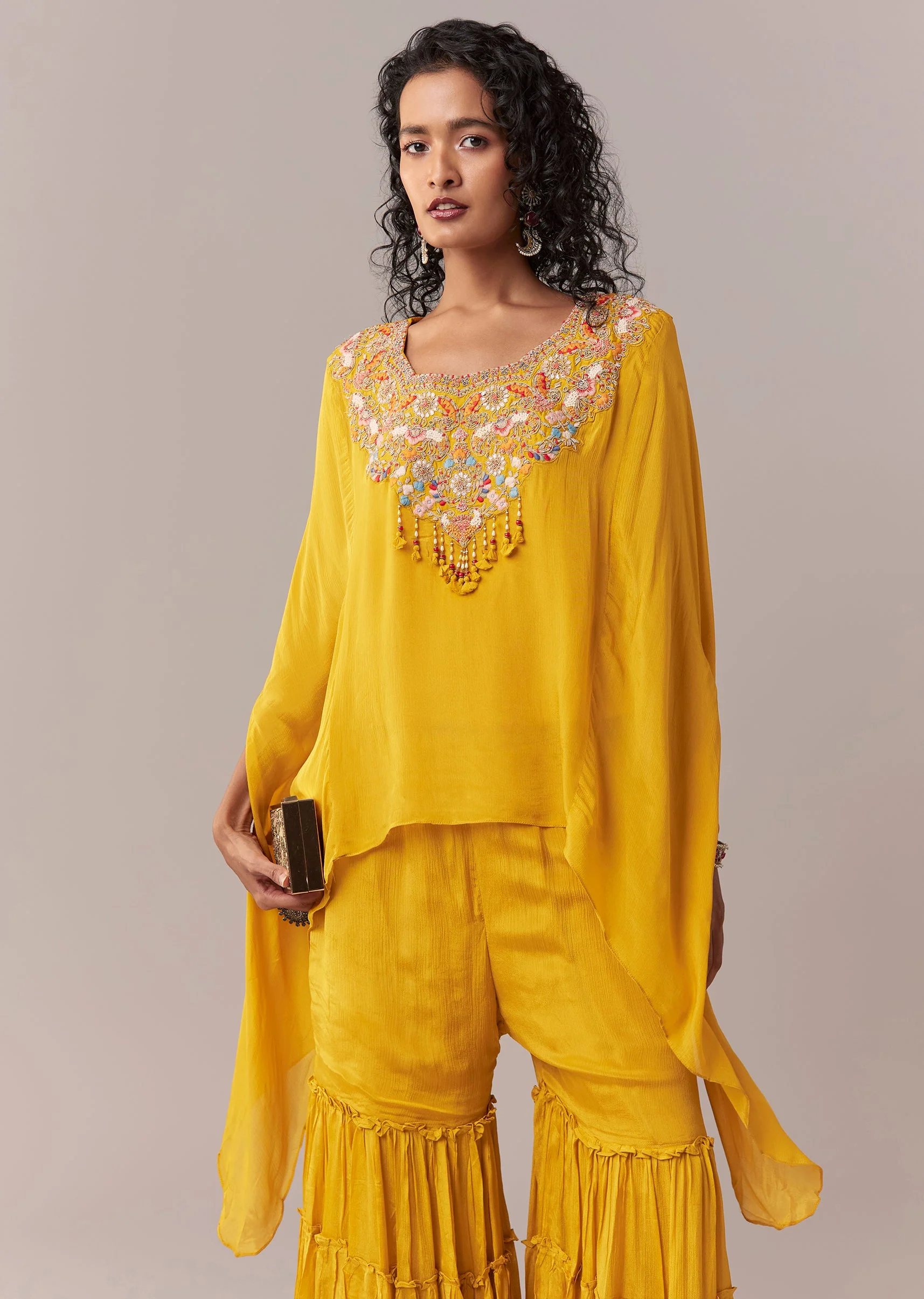 Yellow Asymmetric Sharara Cape Set - Image 4