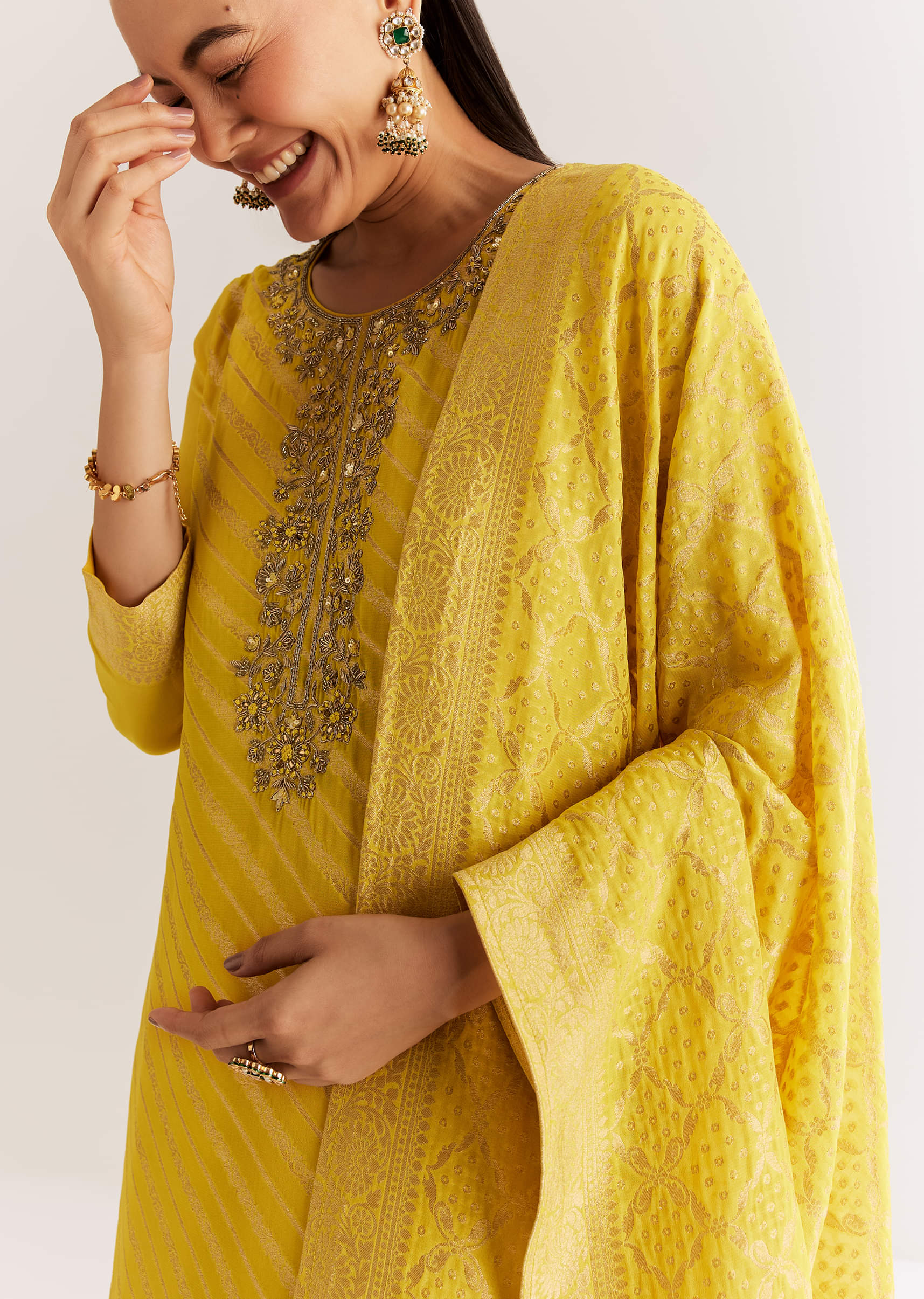 Yellow Banarasi Georgette Kurta Set With Zardosi And Cutdana Work - Image 2