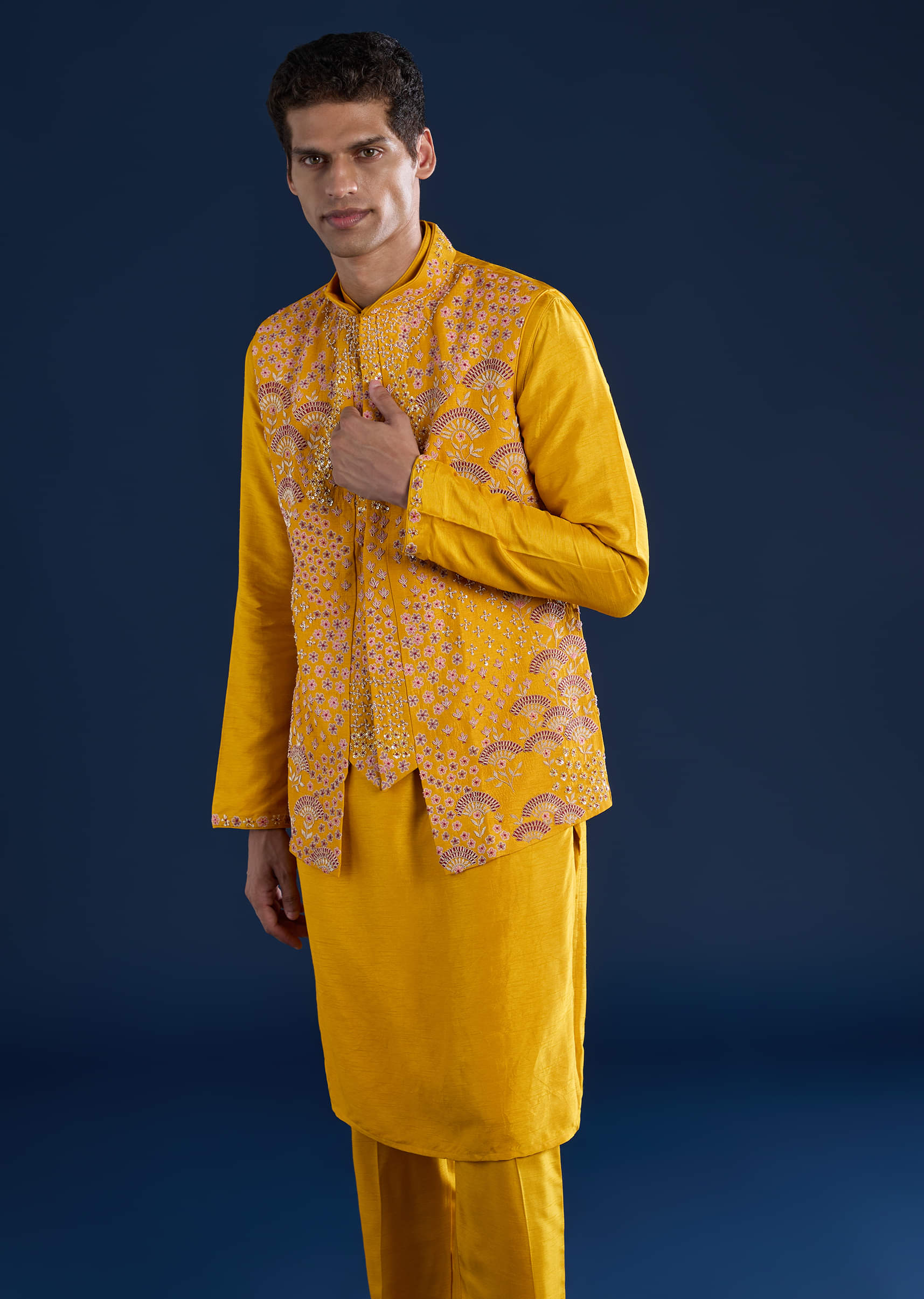 Yellow Banarasi Silk Jacket Kurta Set with Zardozi Work - Image 4