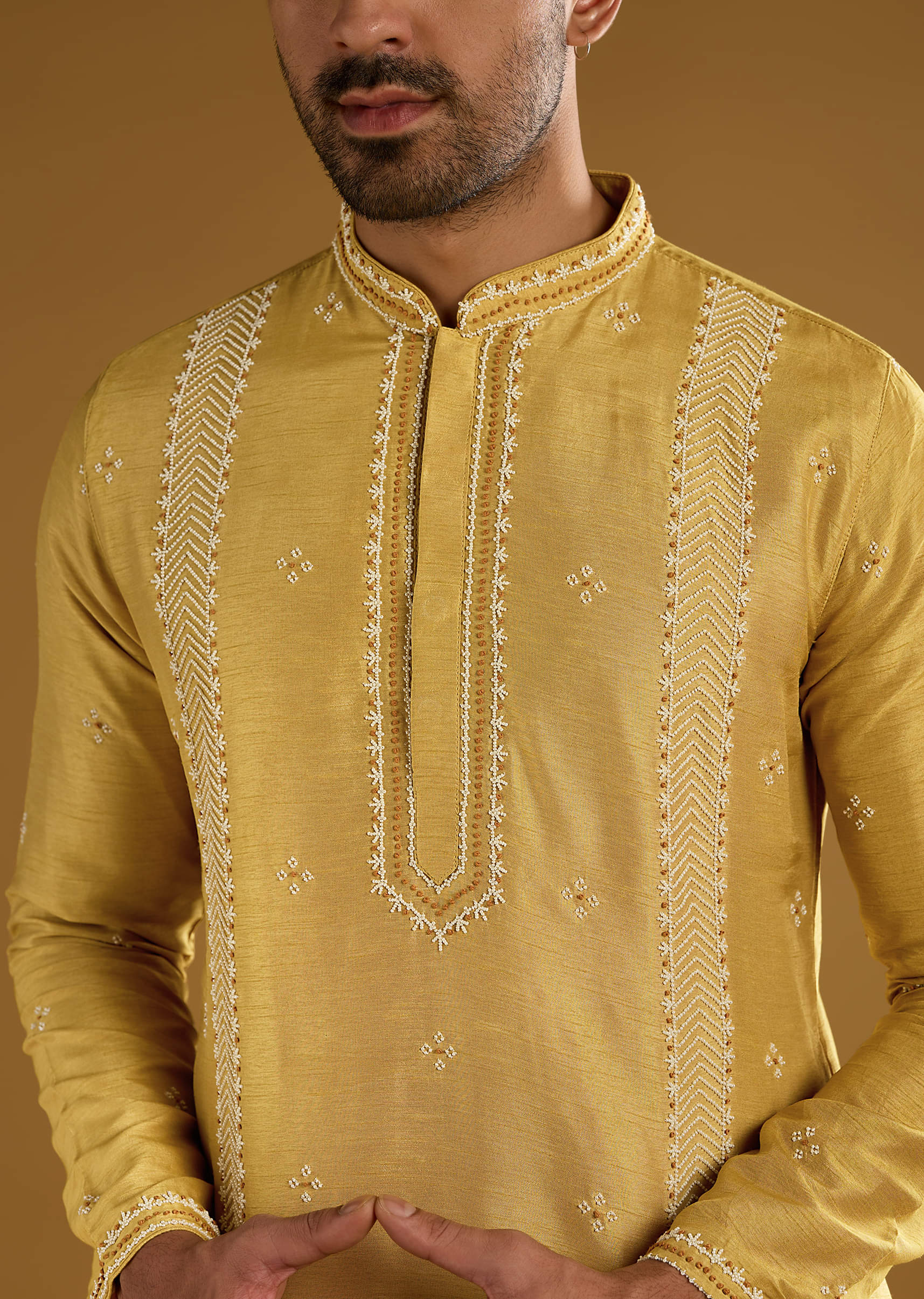 Yellow Banarasi Silk Kurta Set For Men With Resham Work - Image 2
