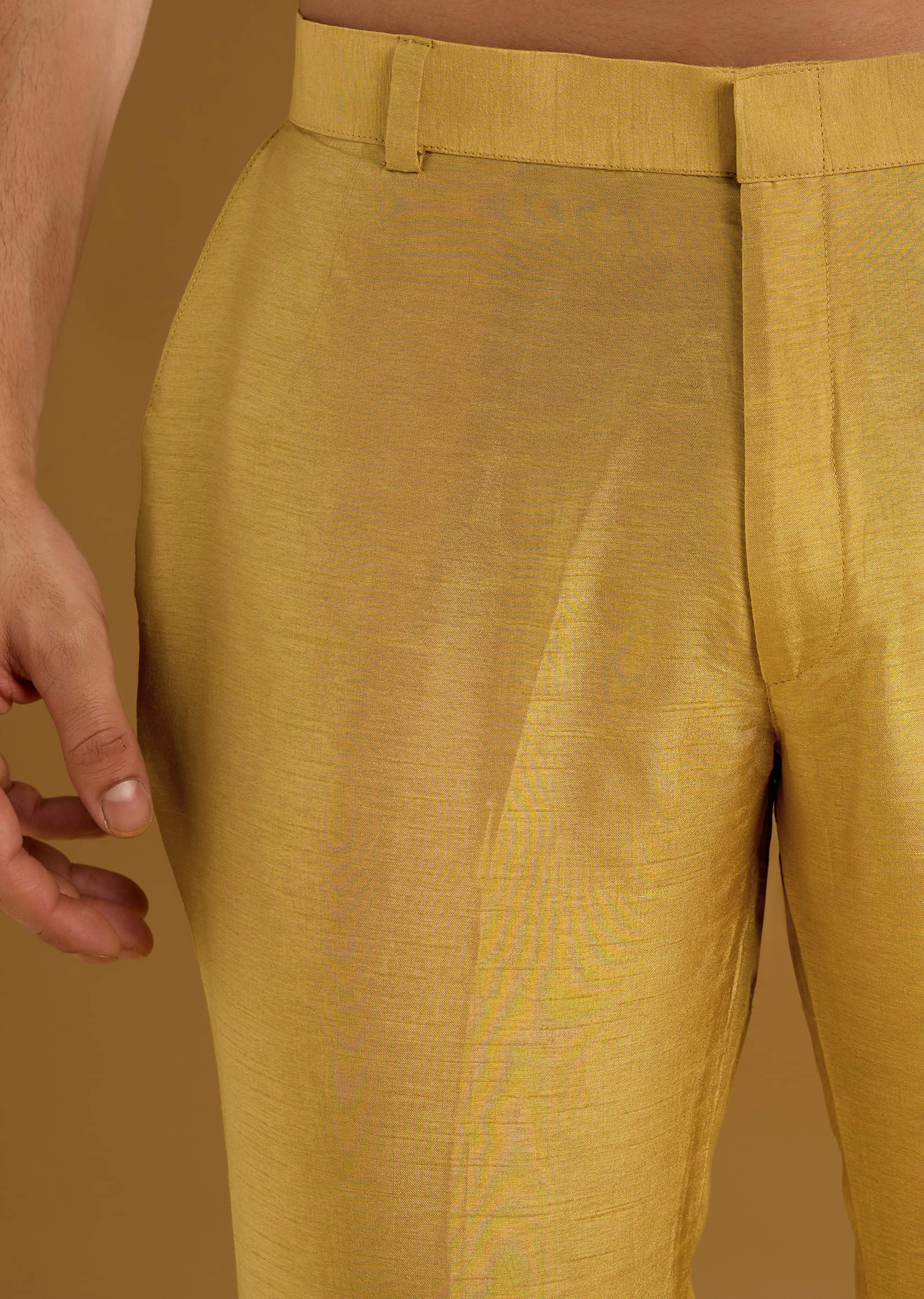Yellow Banarasi Silk Kurta Set For Men With Resham Work - Image 6