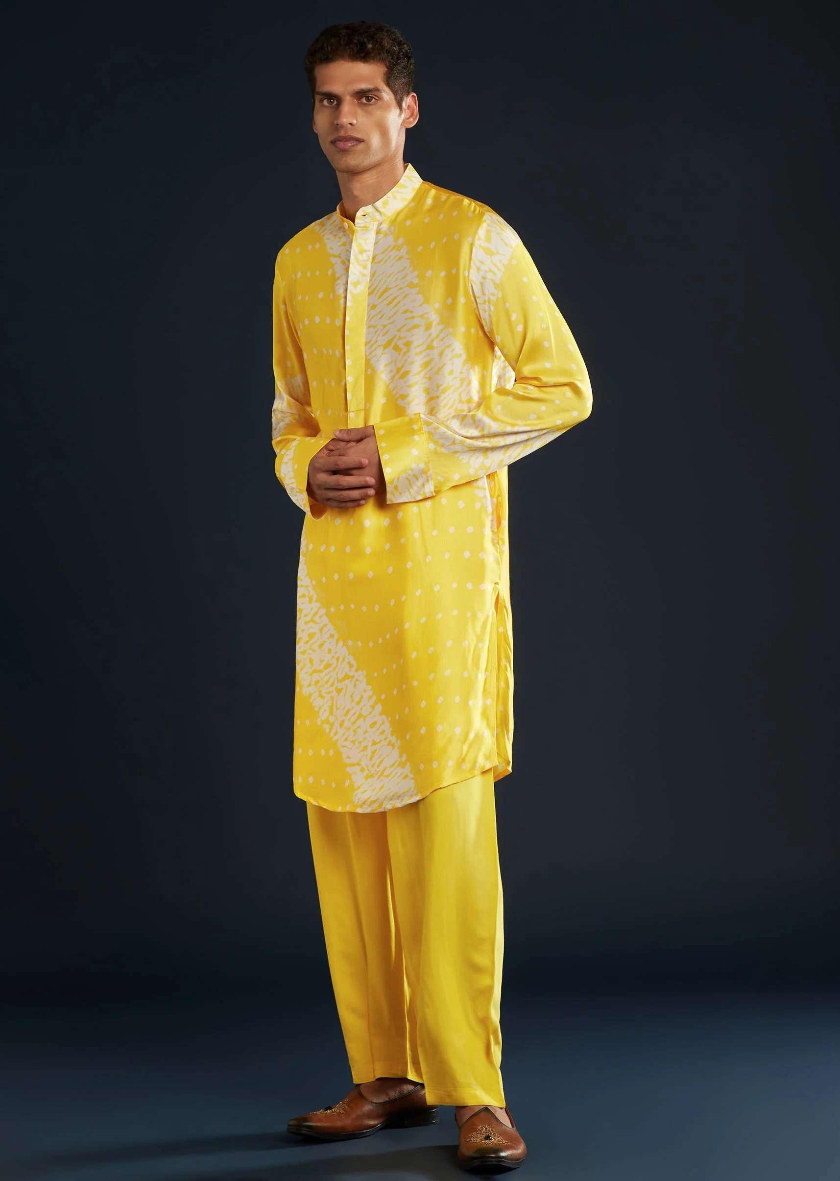 Yellow Bandhani and Shibori Print Kurta Set - Image 3