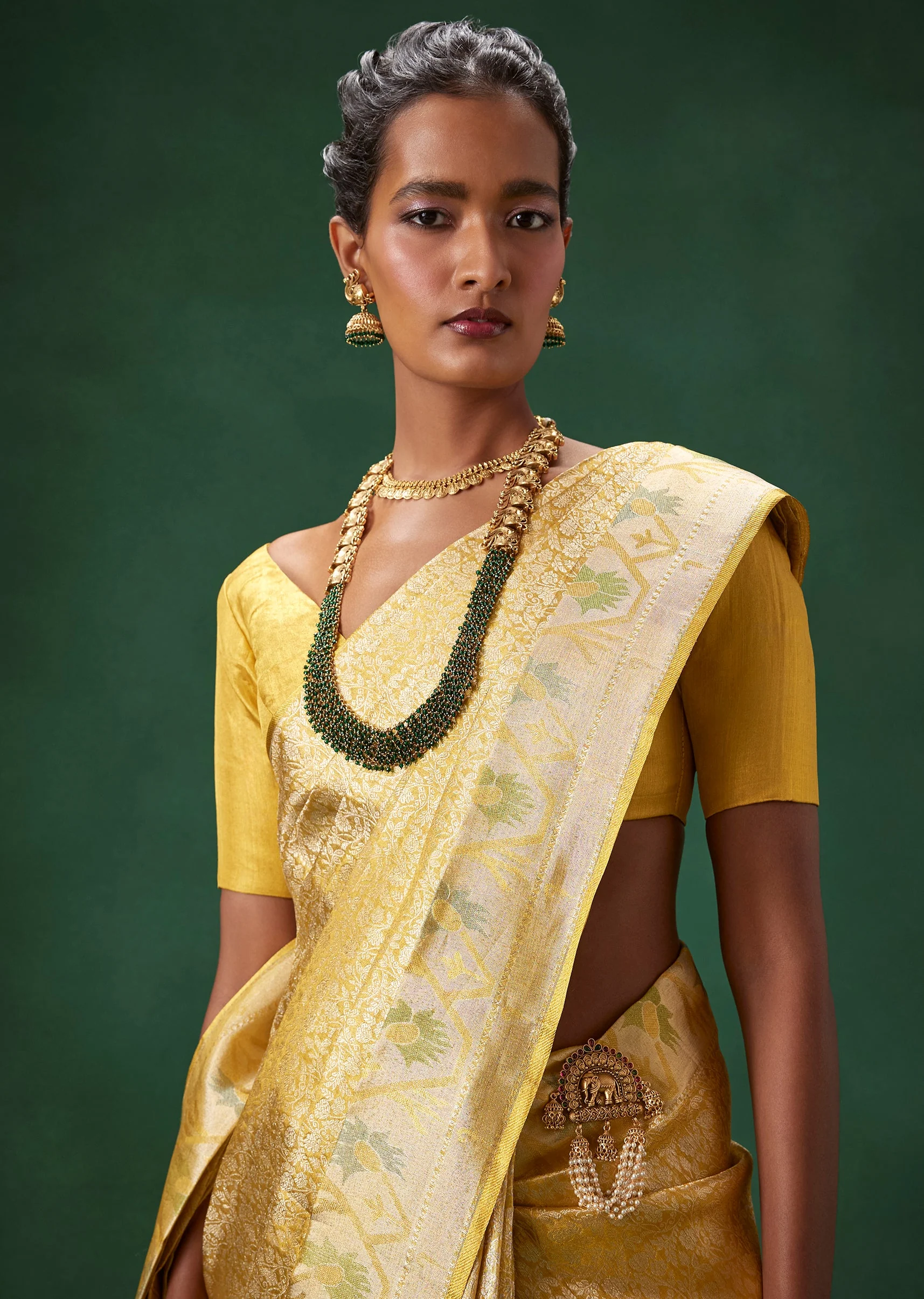 Yellow Bridal Kanjivaram Woven Saree with Unstitched Blouse - Image 3